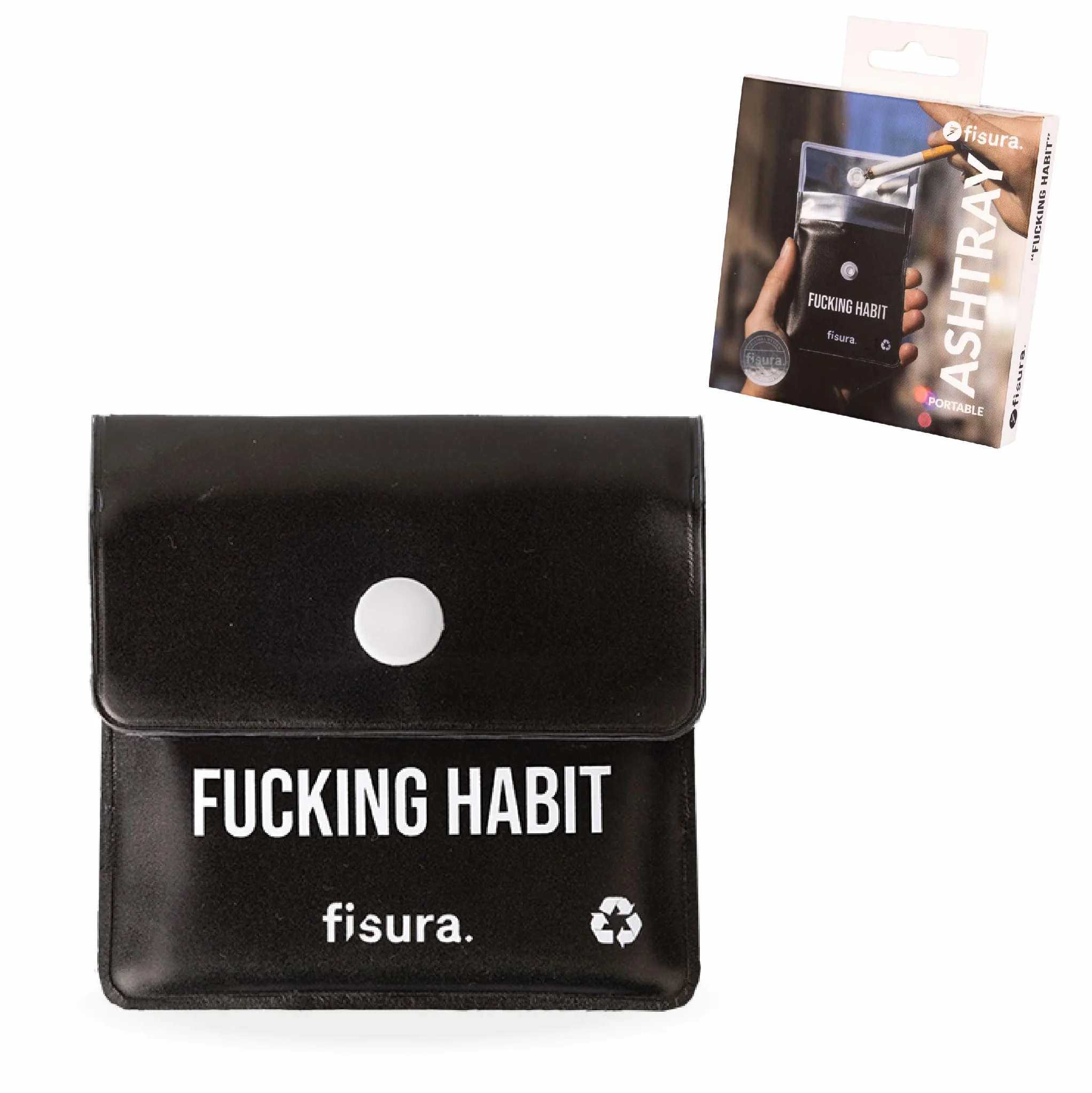 Fisura – Kieszonkowa popielniczka "f*cking habit”. Przenośny woreczek na popiół do samochodu, na zewnątrz i podróże. Wielokrotnego użytku. Wymiary 8 x 8 cm.