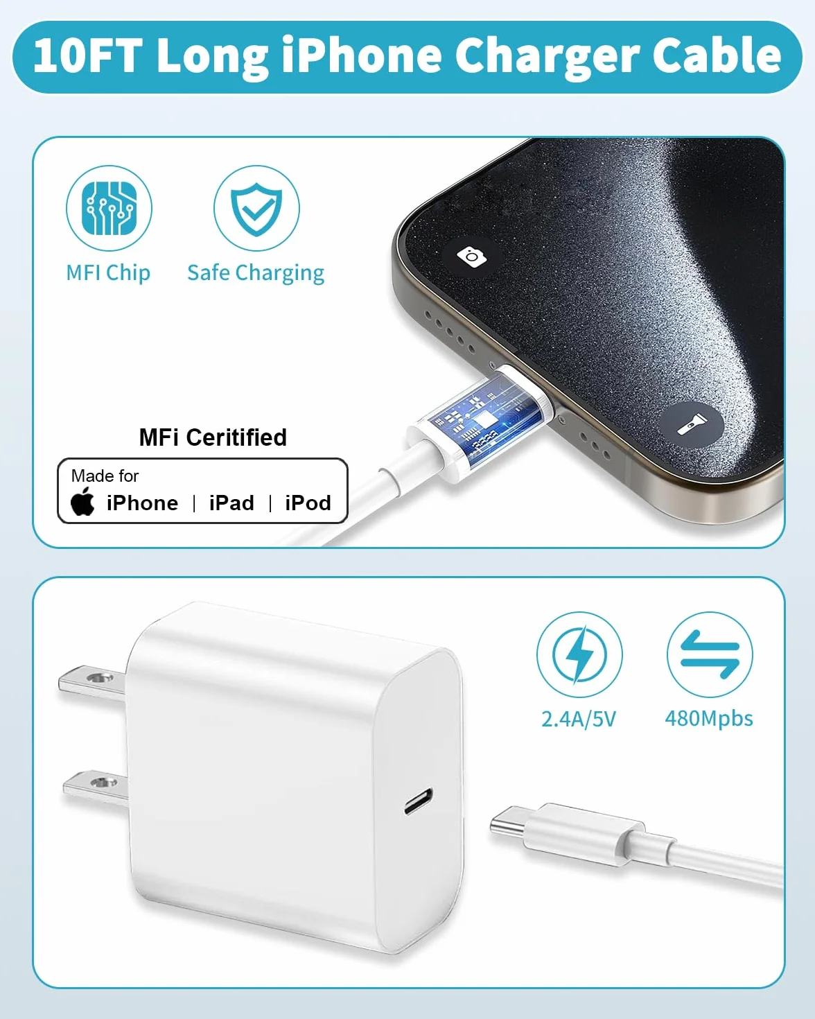 Kabel USB C Lightning 3M [Certyfikatem MFi], Kable Ładowarki iPhone USB C do Szybkiego Ładowania Kabel Type C Szybkie Ładowanie do Lightning dla iPhone 14/13/12/11/X/XS/XR/8/7/iPad/AirPods