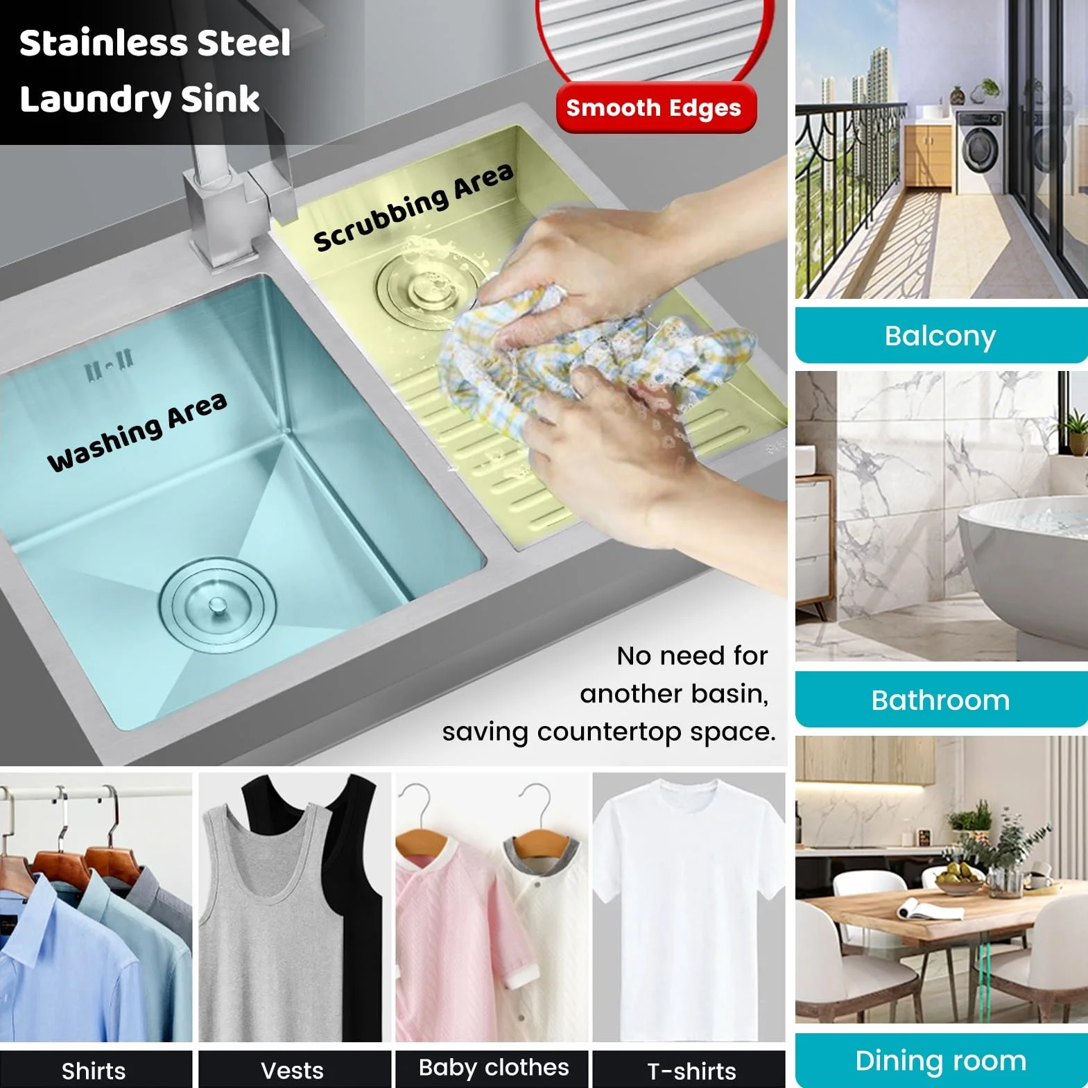 Utility Laundry Sink With Washboard, Hand Washing Tub With 4mm Thick Panel, Stainless Steel Laundry Basin, Workstation Washing Basin With Drain Kit, For Utility Room, Basement(A,80x48x22cm)