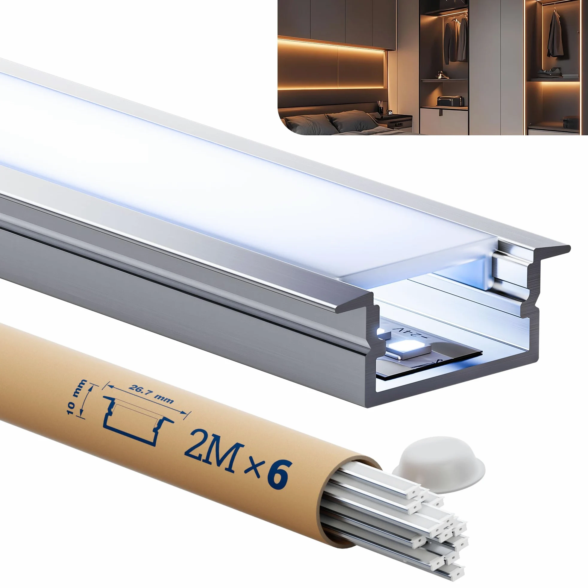 Profile LED 6 x 2 m - (12 m) - z matową osłoną - profil aluminiowy LED Wymiary 26,7 x 10 mm - pasuje do wszystkich taśm LED o grubości do 16 mm