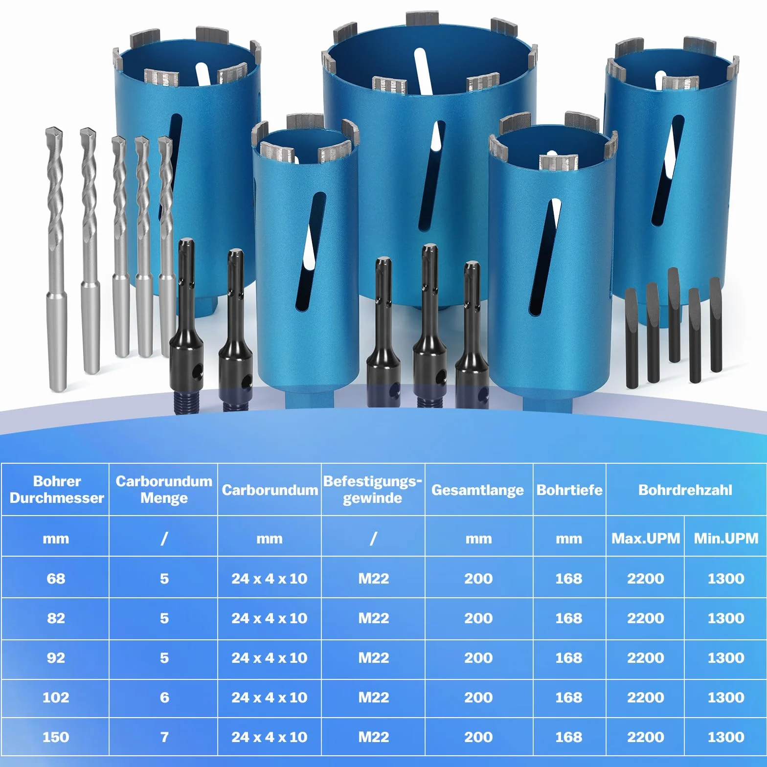 M22 diamentowa koronka wiertnicza pogłębiacz puszek do wiertarek rdzeniowych, w zestawie turbo 10 mm, L 200 mm, Ø 68 mm, adapter SDS-PLUS, wiertło rdzeniowe, spawane laserowo, do betonu, granitu, muru