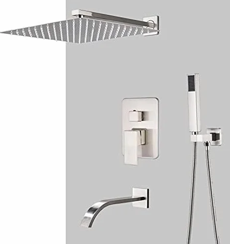 Bateria Łazienkowa Szczotkowany Nikiel Deszczownica Bateria Natryskowa Montowana Na Ścianie Wanna Bateria Mieszająca Do Wanny Zestaw Łazienkowy Prysznic,12 inch 3Way B