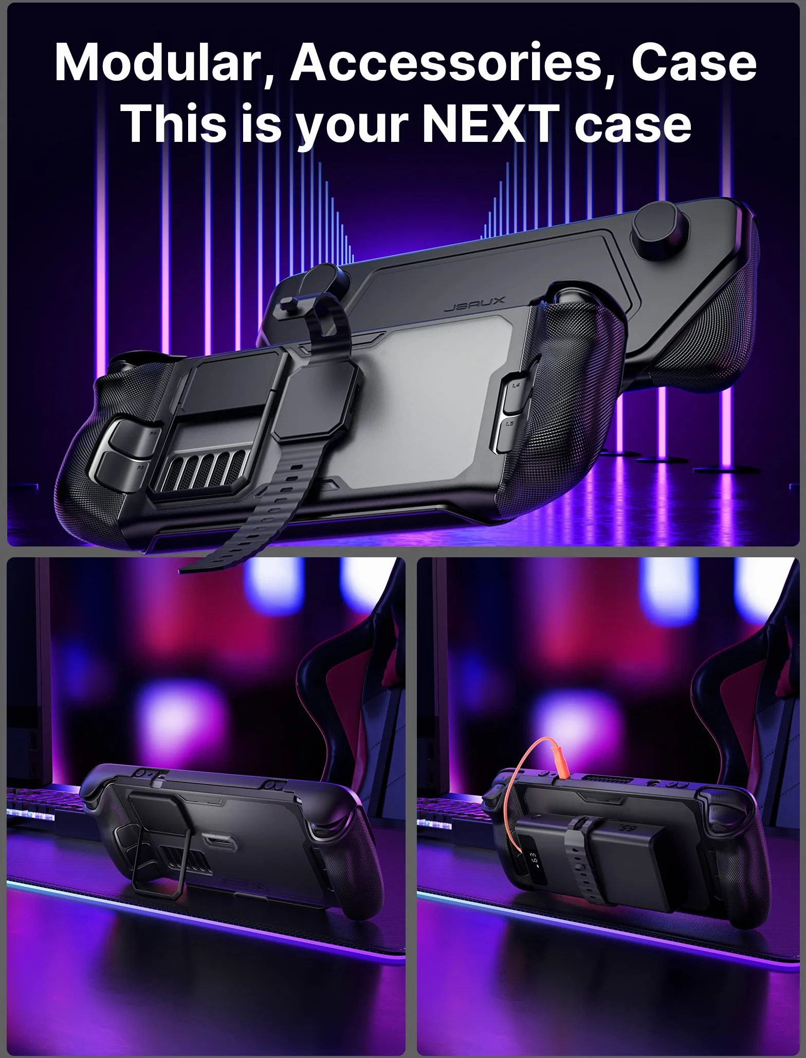 JSAUX ModCase kompatybilny z Steam Deck, modułowa obudowa PC0104 z zaworem wentylatora chłodzącego, akcesoria OLED zawiera etui ochronne, osłonę twarzy, wentylator chłodzący, metalowy wspornik i pasek