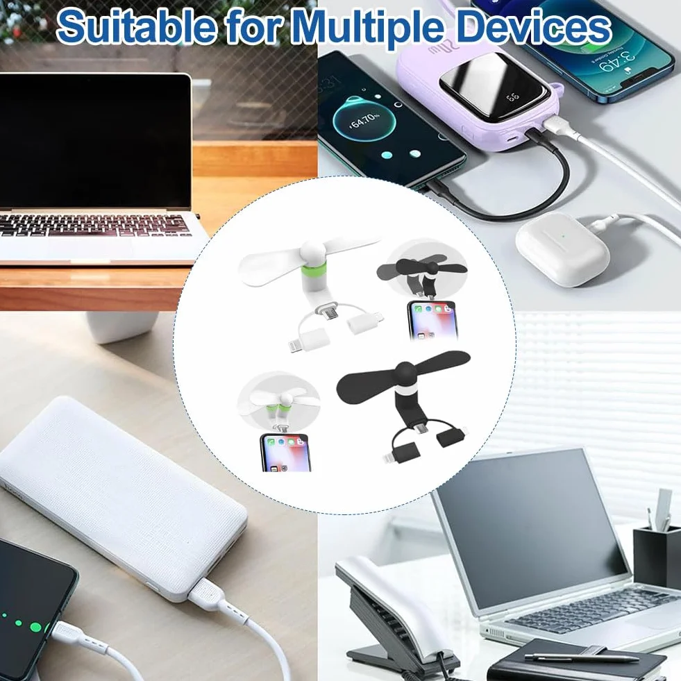 KARELLS Przenośny wentylator do telefonu komórkowego, 2 sztuki, przenośny, obrotowy, USB, mały, cichy, 2 w 1, do telefonów z systemem Android/typu C