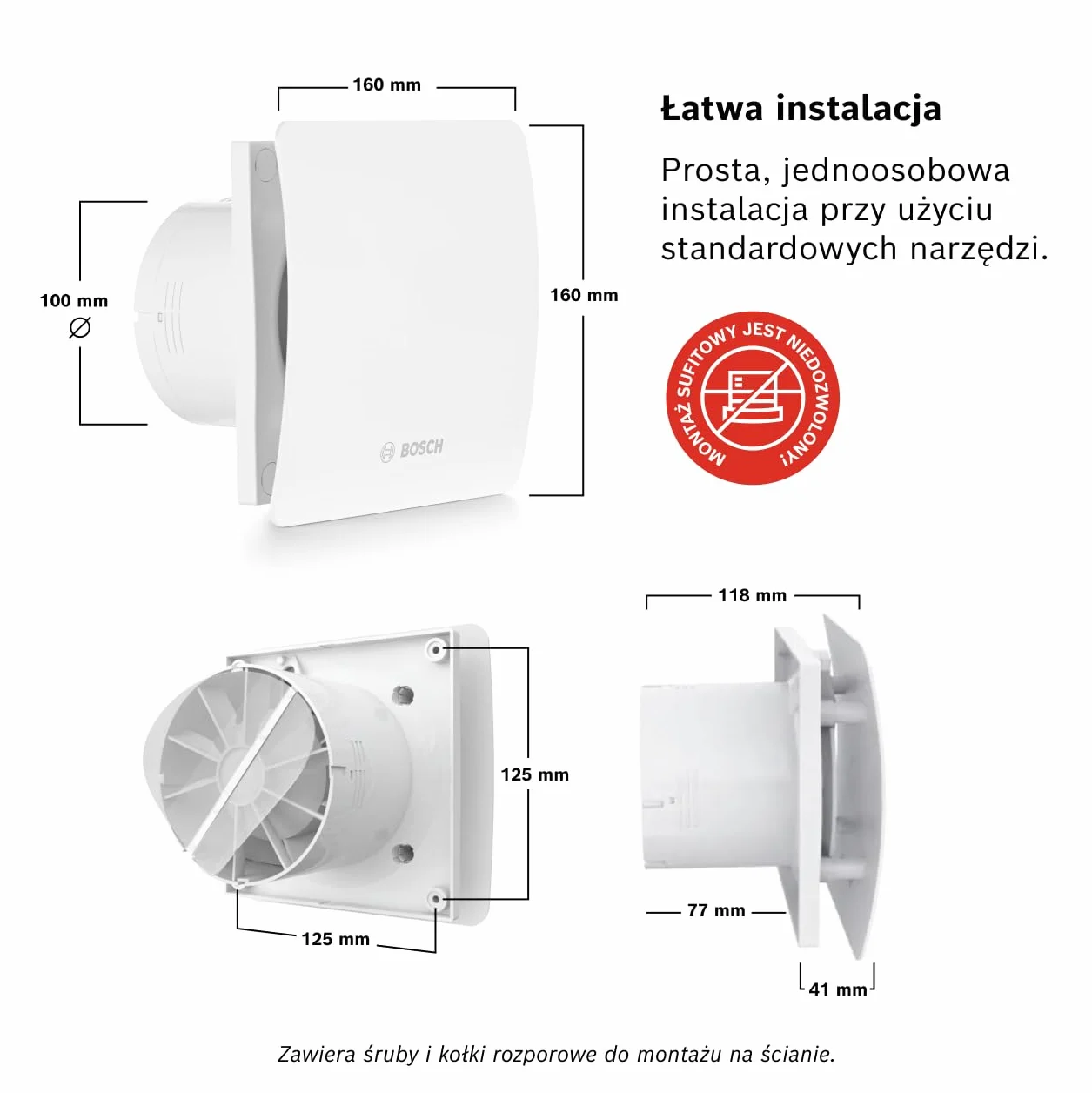 Bosch Wentylator Wyciągowy do Łazienki 1500 W 100 - Do Wentylacji w Łazience i Toalecie, Przeciw Wilgoci i Pleśni - Z Włącznikiem Światła - Średnica 100mm