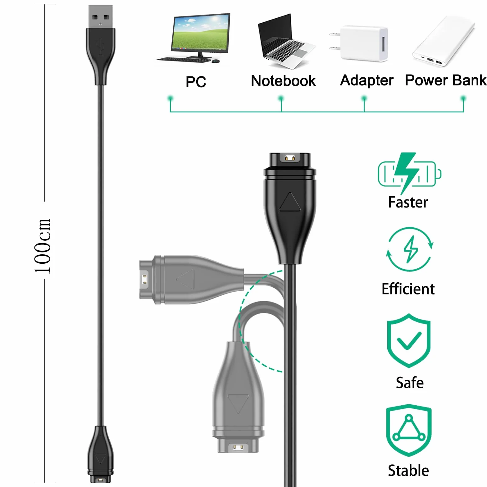 Kabel ładujący Garmin Venu/Venu 2 Plus/Venu Sq/Venu Sq 2 Music/Venu 3/3S, USB, 50cm
