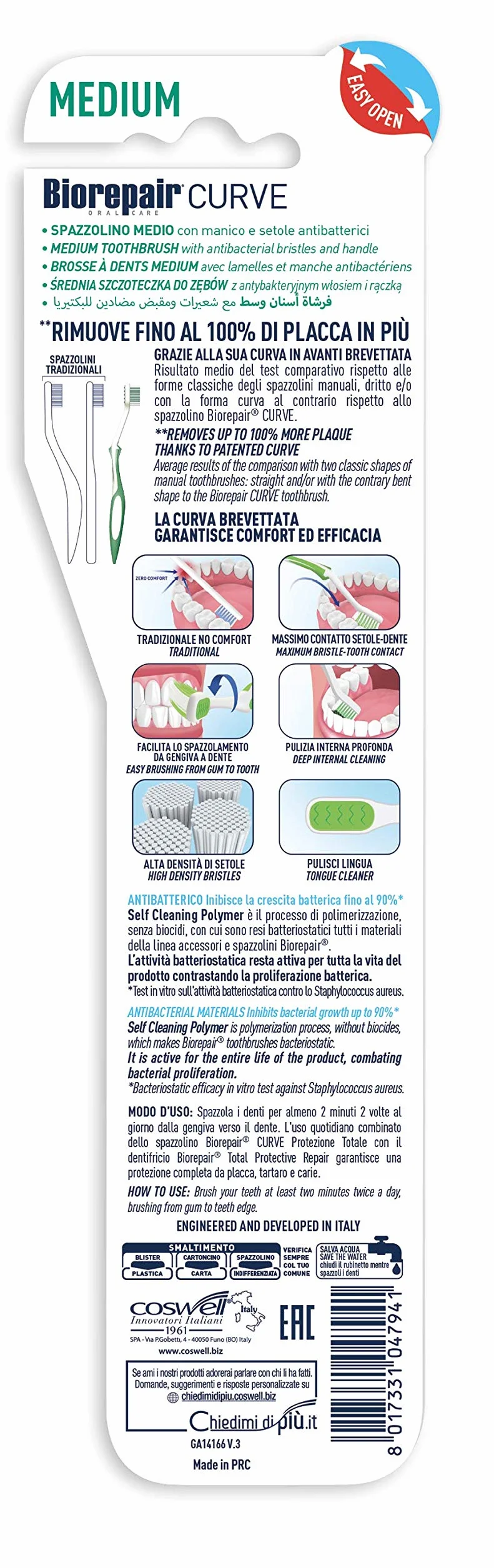 Biorepair , Szczoteczka do zębów Total Protection, antybakteryjna, testowana klinicznie, ze średnim włosiem, opatentowany zakrzywiony kształt, hamuje wzrost bakterii nawet o 90%, usuwa do 100% płytki nazębnej