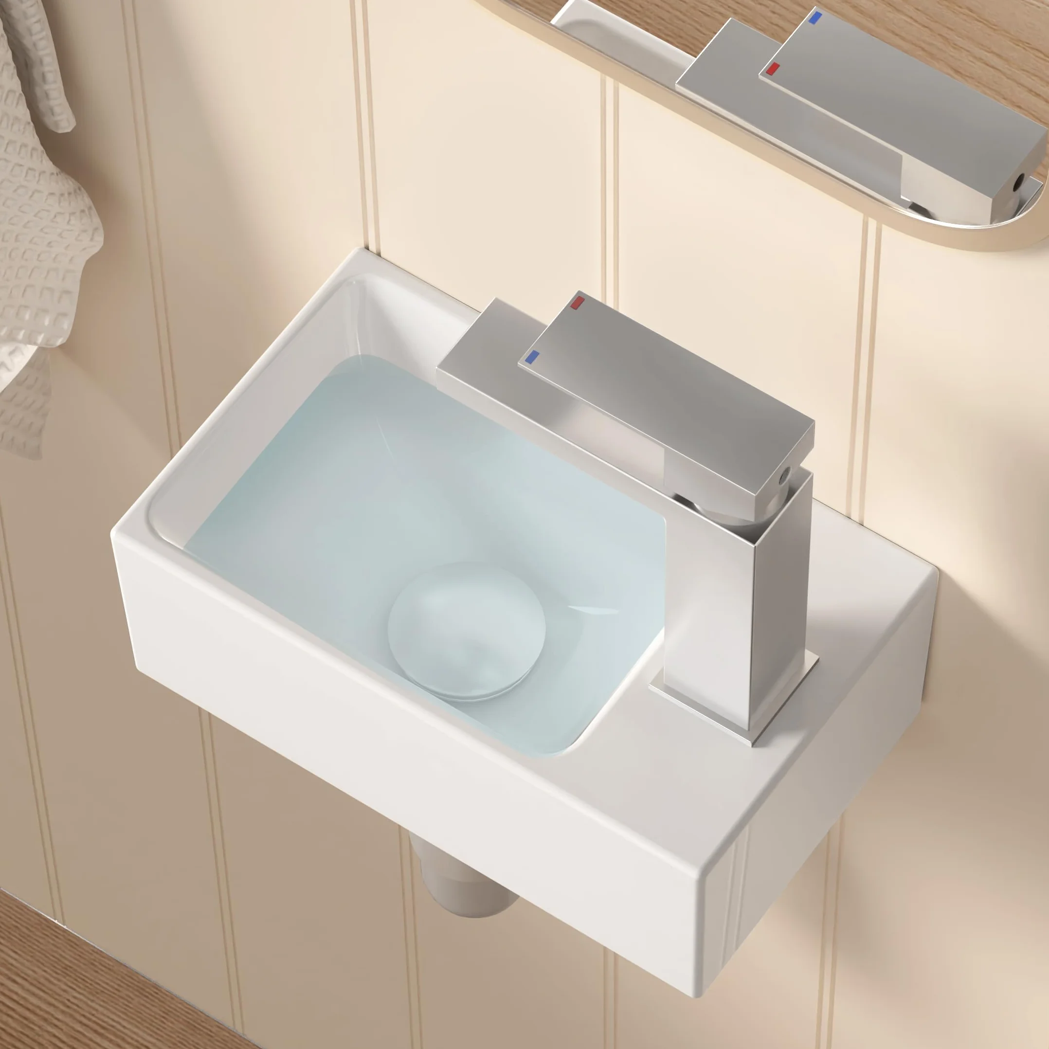 KES Umywalka łazienkowa montowana na ścianie, prostokątna mała szatnia umywalka prawy otwór na kran, 30 cm x 16 cm porcelana ceramiczna biała, BWS100R