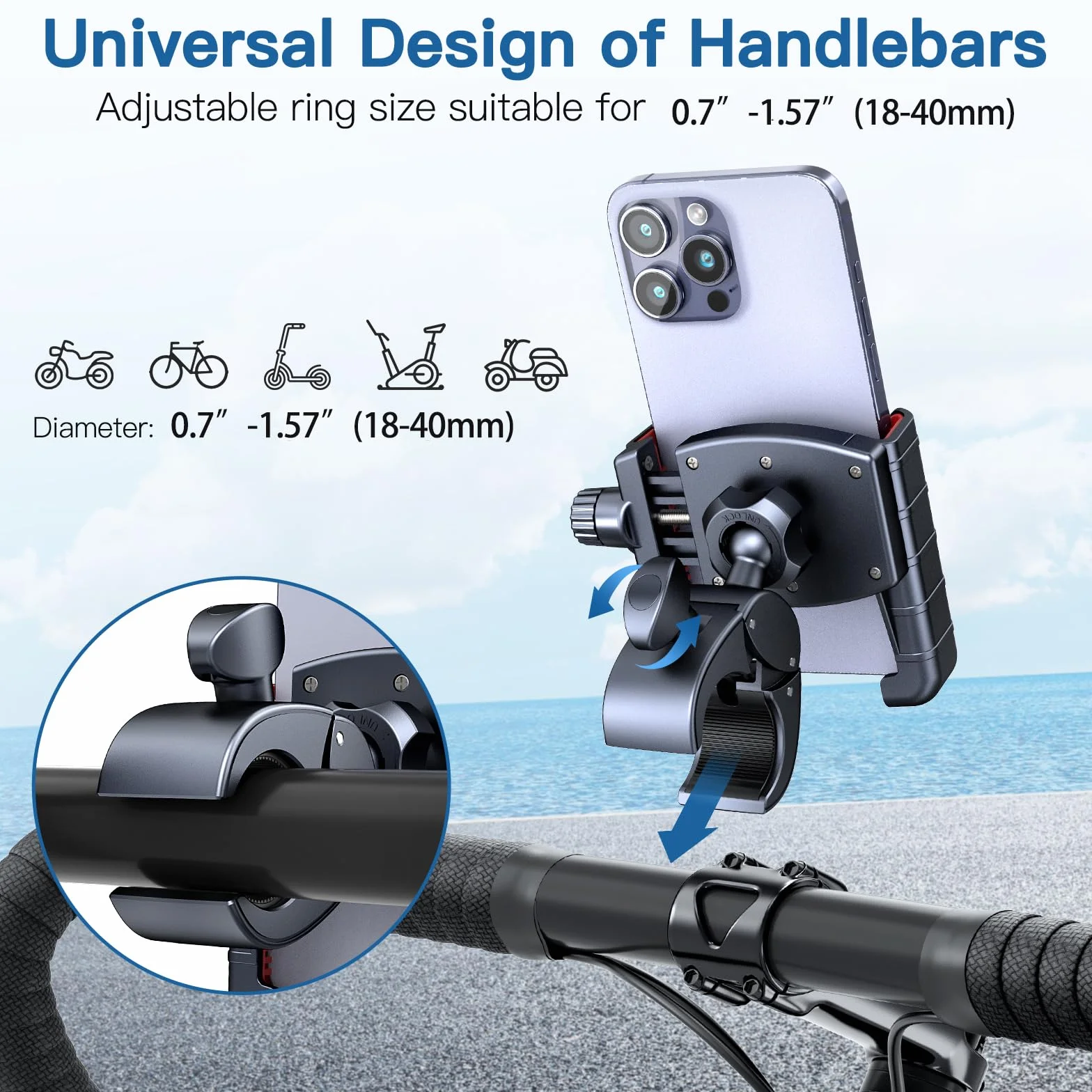 Uchwyt rowerowy na telefon obracany 360° zacisk kierownicy do motocykla, skutera, roweru