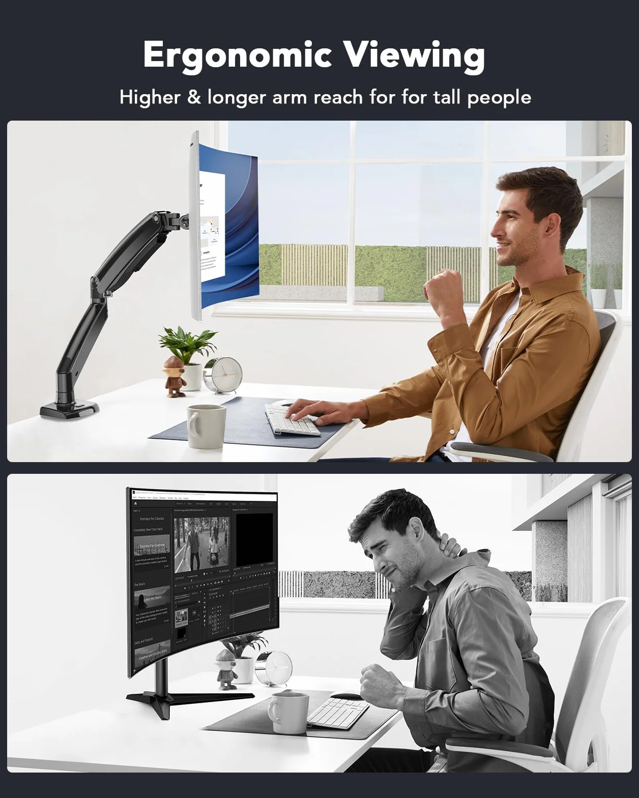 HUANUO Pojedyncze ramię monitora mieści 12 kg, ultrawide stojak na monitor komputerowy do ekranów 49 cali, ulepszony regulowany uchwyt na monitor z USB, zacisk C i podstawa przelotkowa, VESA 75 x 75