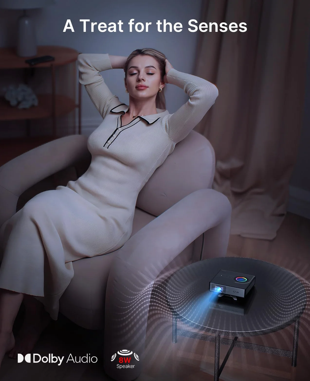 NexiGo Nova Mini, przenośny projektor laserowy, Google TV z Netflix, 1080p FHD, 1200 lumenów, kontrast 15 000:1 z SAE, 3D, automatyczna konfiguracja, ekran 150", 8W Dolby Audio