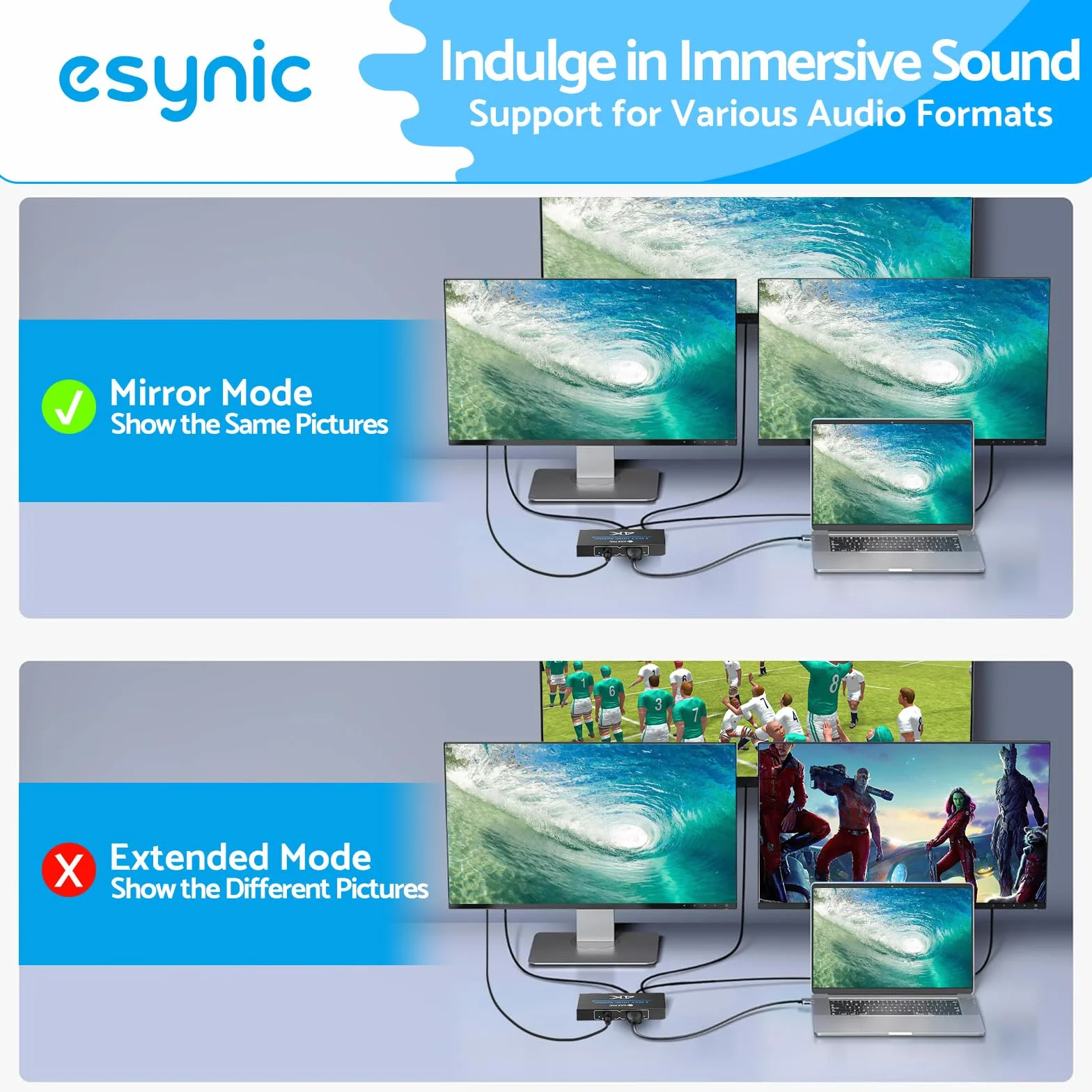 eSynic Rozdzielacz HDMI 1 w 4 4K 30 Hz 3D z 1m Kabel HDMI HDCP 1.4 Bypass 1X4 metalowa obudowa