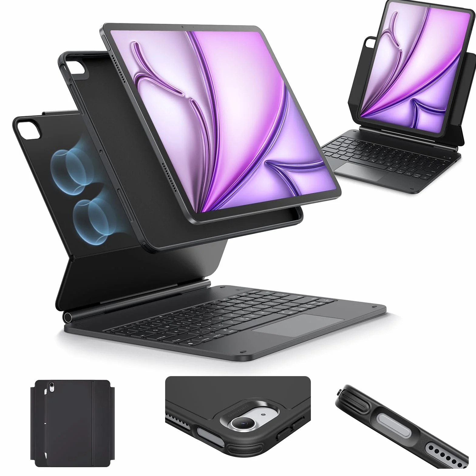 ESR iPad Air 13" (M3/M2, 2025/2024) etui na klawiaturę z regulowanym stojakiem magnetycznym, tryb wysoki/podwyższony, zdejmowane etui ochronne, seria Rebound 360, czarne