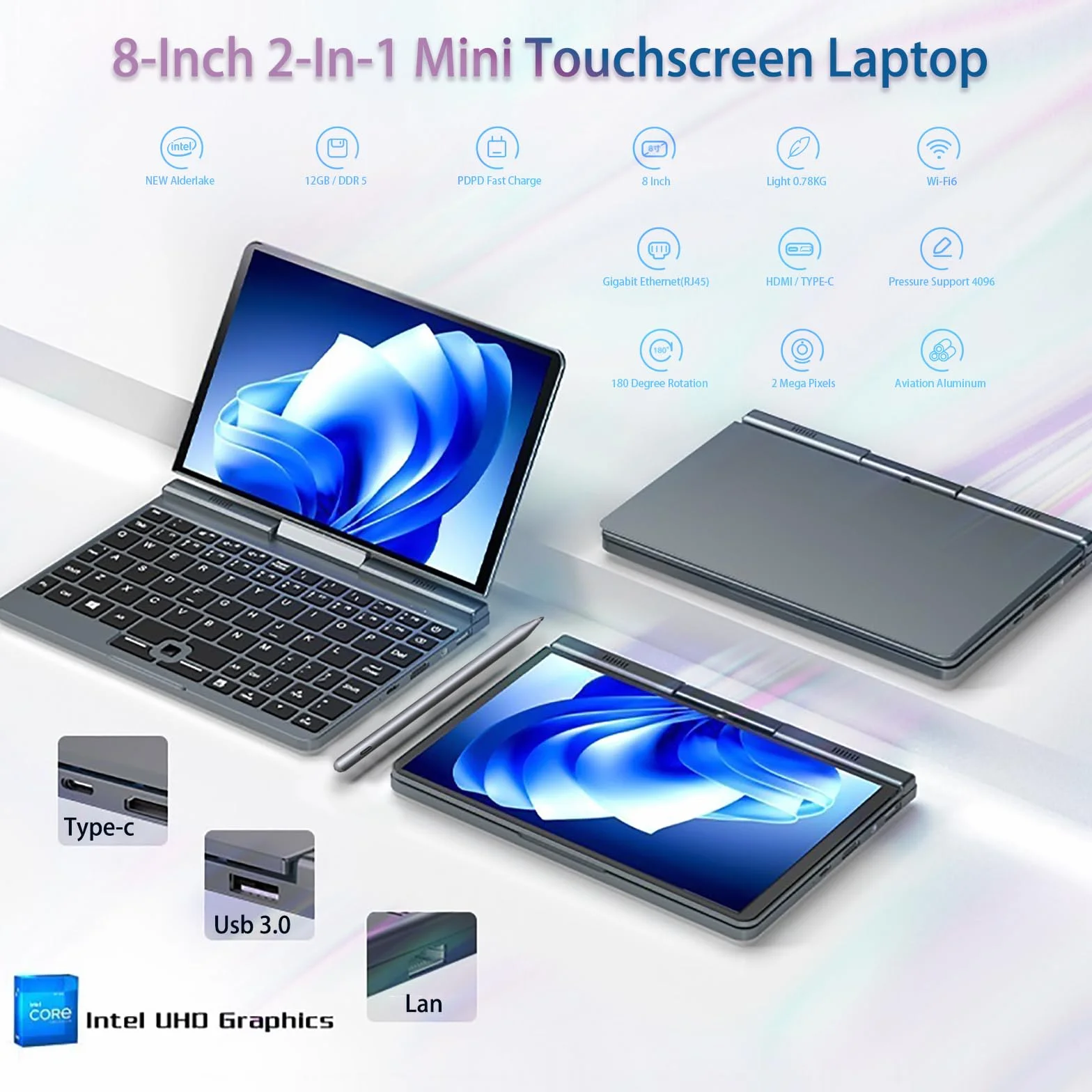 Mini laptop 8-calowy, 2 w 1, Win 11, dotykowy ekran HD, obrotowa kieszonka na pismo, 12 GB RAM, 512 GB SSD, podświetlana klawiatura, N150, 2MP kamera, WiFi 6, BT5.2