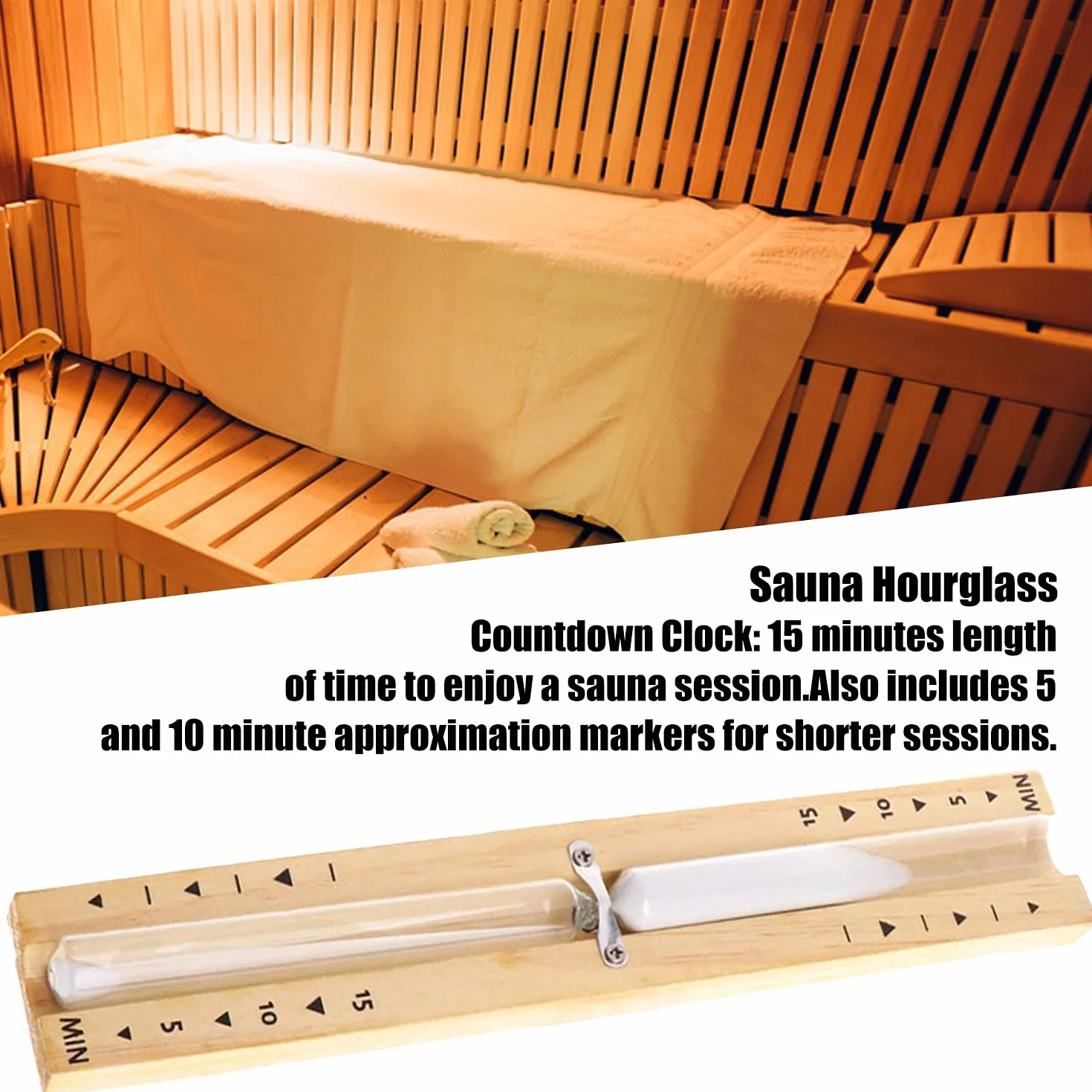 HENGBIRD Klepsydra do sauny, timer, 15 minut, minutnik kuchenny, odporny na wysokie temperatury, do sauny, zegar z drewna, biały piasek
