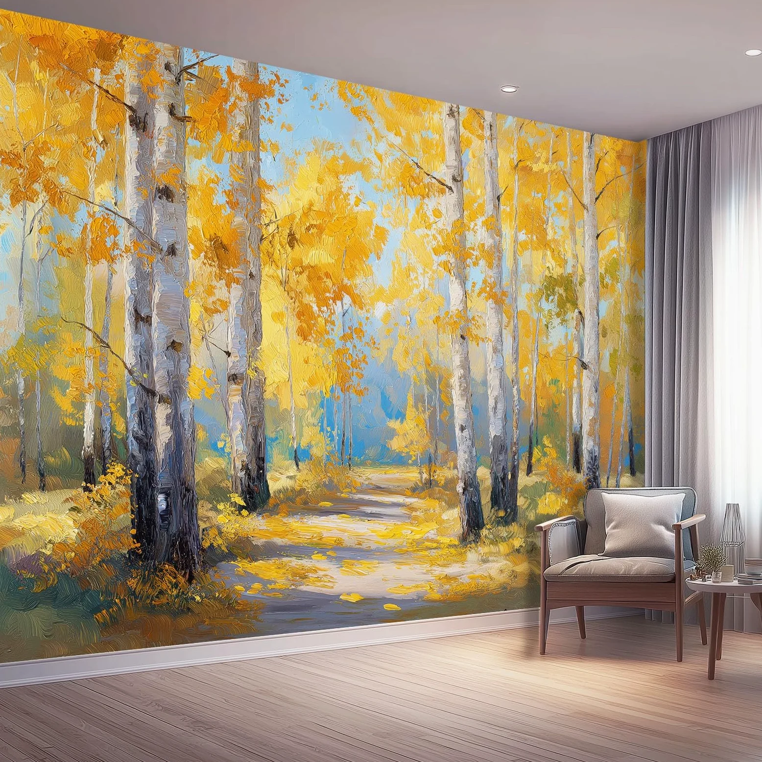 Fototapeta naturalna żółta brzozowa las ścieżka tapeta z włókniny dekoracja salonu sypialni biura 300 x 210 cm