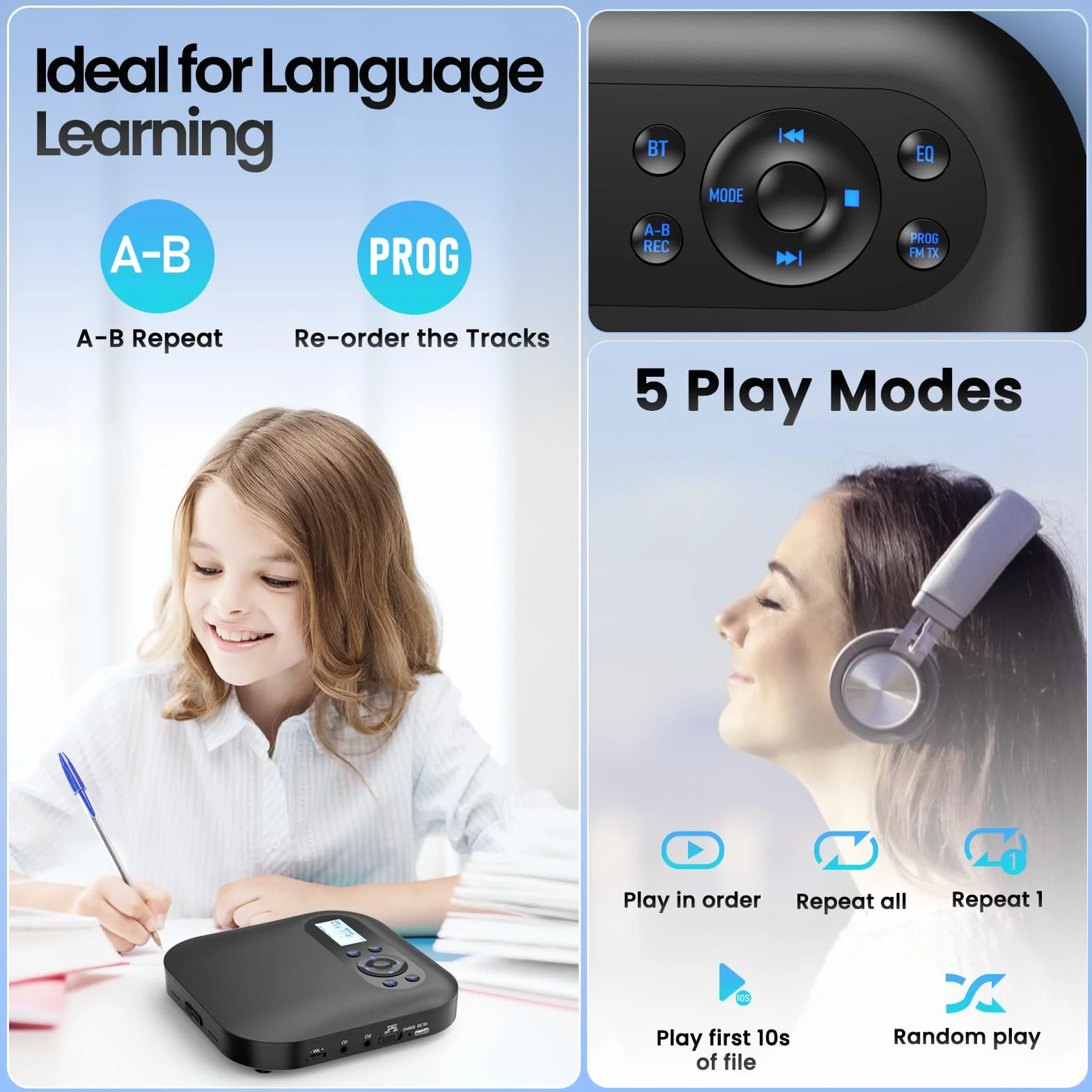Przenośny odtwarzacz CD Bluetooth Discman do samochodu z FM, Anti-Skip, Dwa głośniki stereo