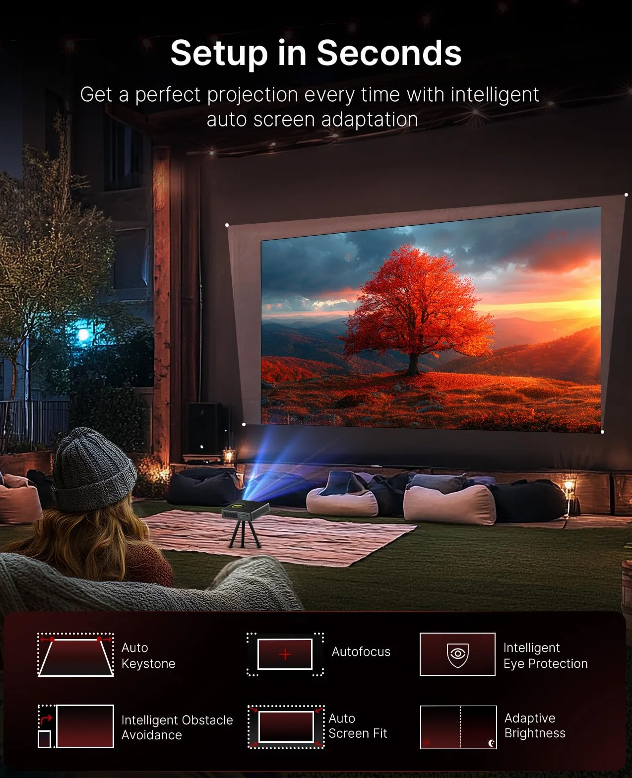 NexiGo Nova Mini, przenośny projektor laserowy, Google TV z Netflix, 1080p FHD, 1200 lumenów, kontrast 15 000:1 z SAE, 3D, automatyczna konfiguracja, ekran 150", 8W Dolby Audio