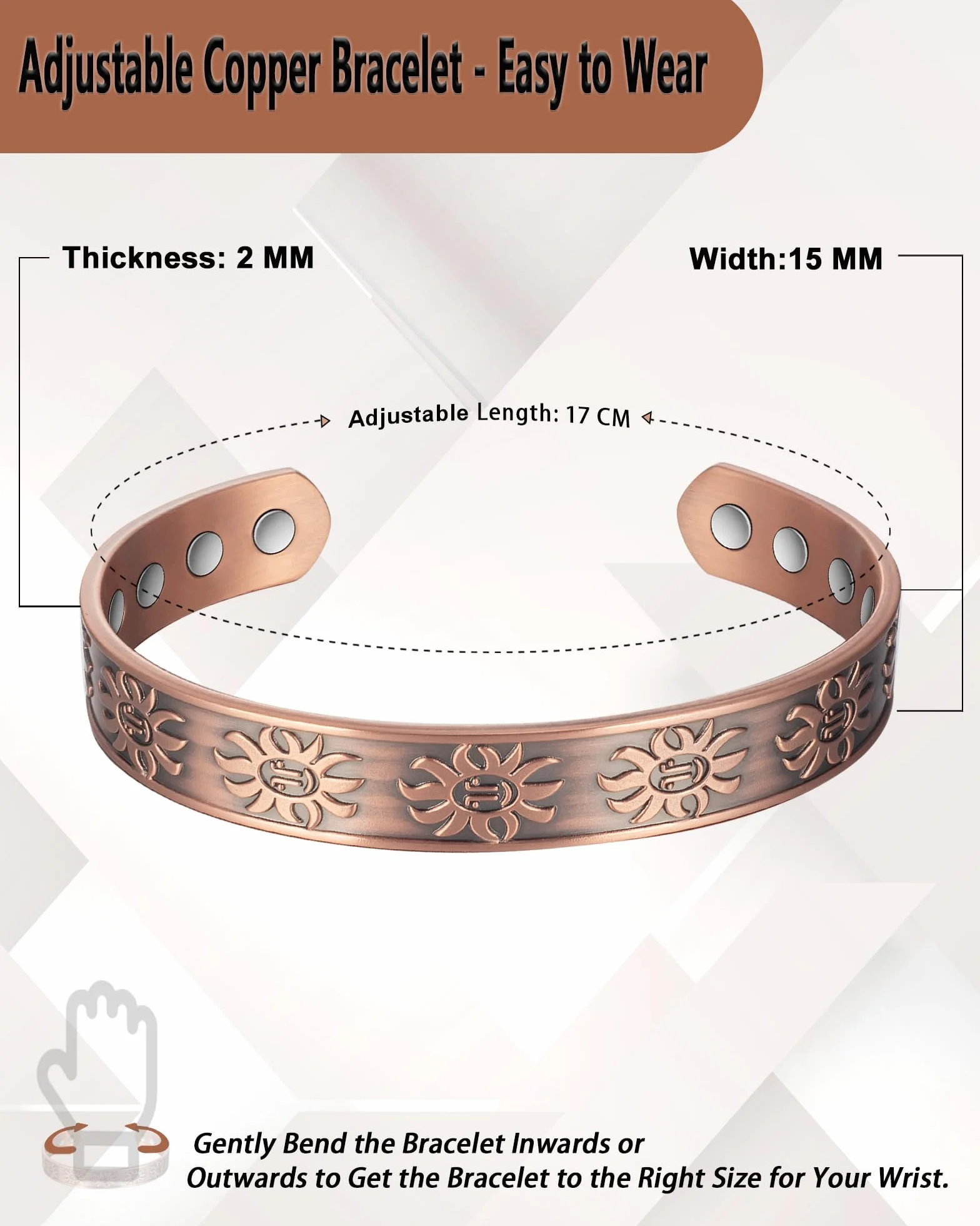MacCopper Męska bransoletka miedziana, 99,9% czystej miedzi, magnetyczna bransoletka z 8 magnesami, 16,5 cm, regulowane magnesy, biżuteria z pudełkiem na biżuterię, miedź A
