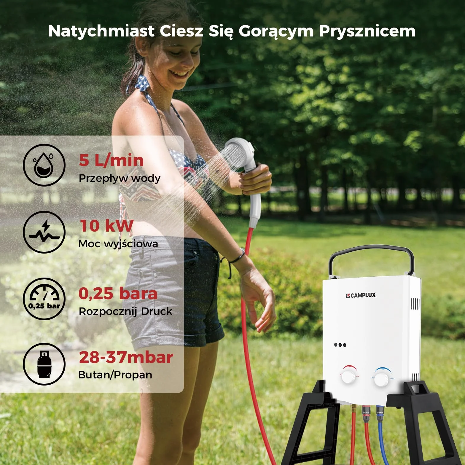 Camplux AY132Max Gazowy Przepływowy Podgrzewacz Wody z Pompą Wody i Stojakiem, 5-litrowy, 30/ 37mbar, LPG