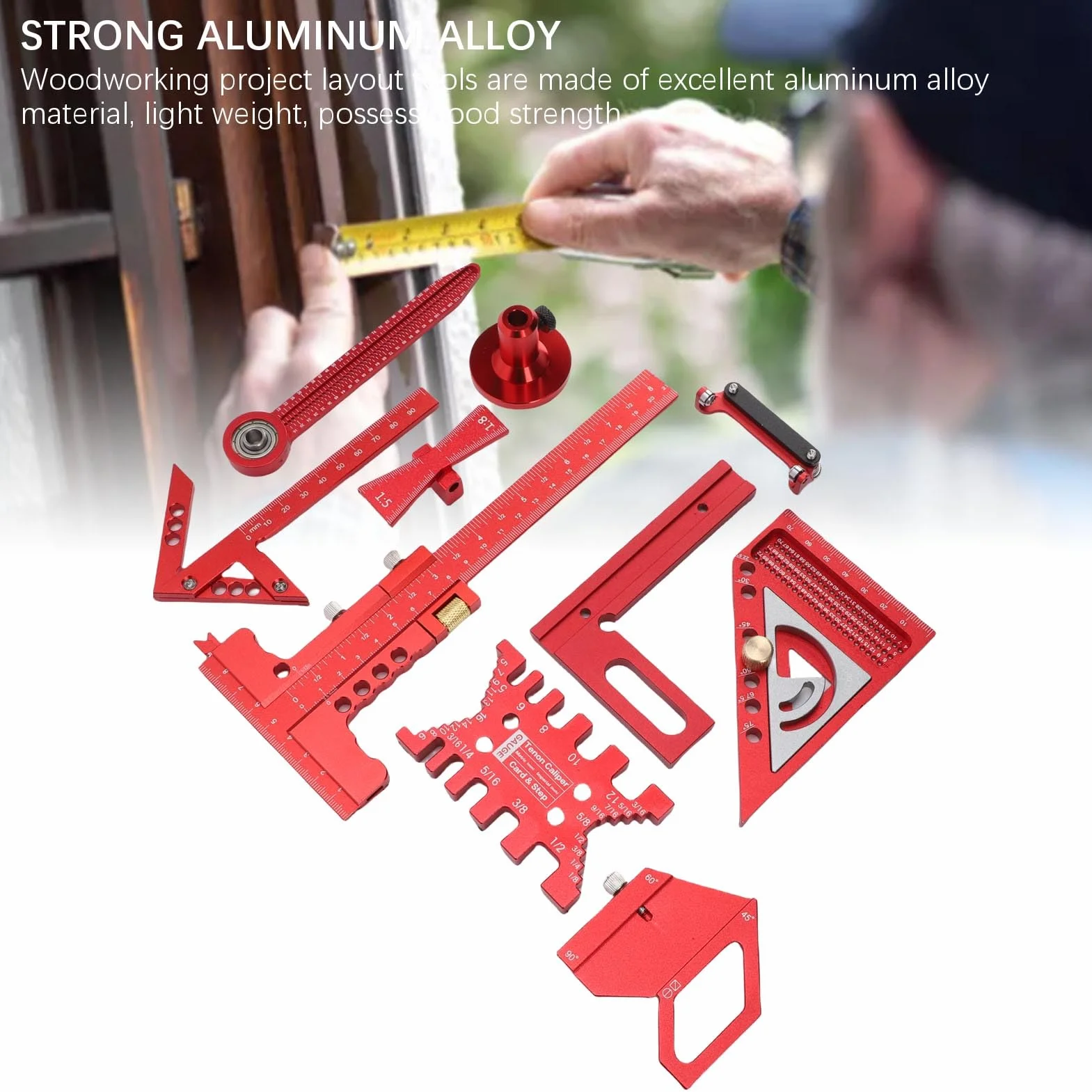 Zestaw Linijek do Obróbki Drewna, 9-częściowy Zestaw Geometrii ze Stopu Aluminium Precyzyjne Narzędzia Pomiarowe do Dokładnego Rozmieszczenia Zawiera linijkę kwadratową T, Kompasy, Kątomierz