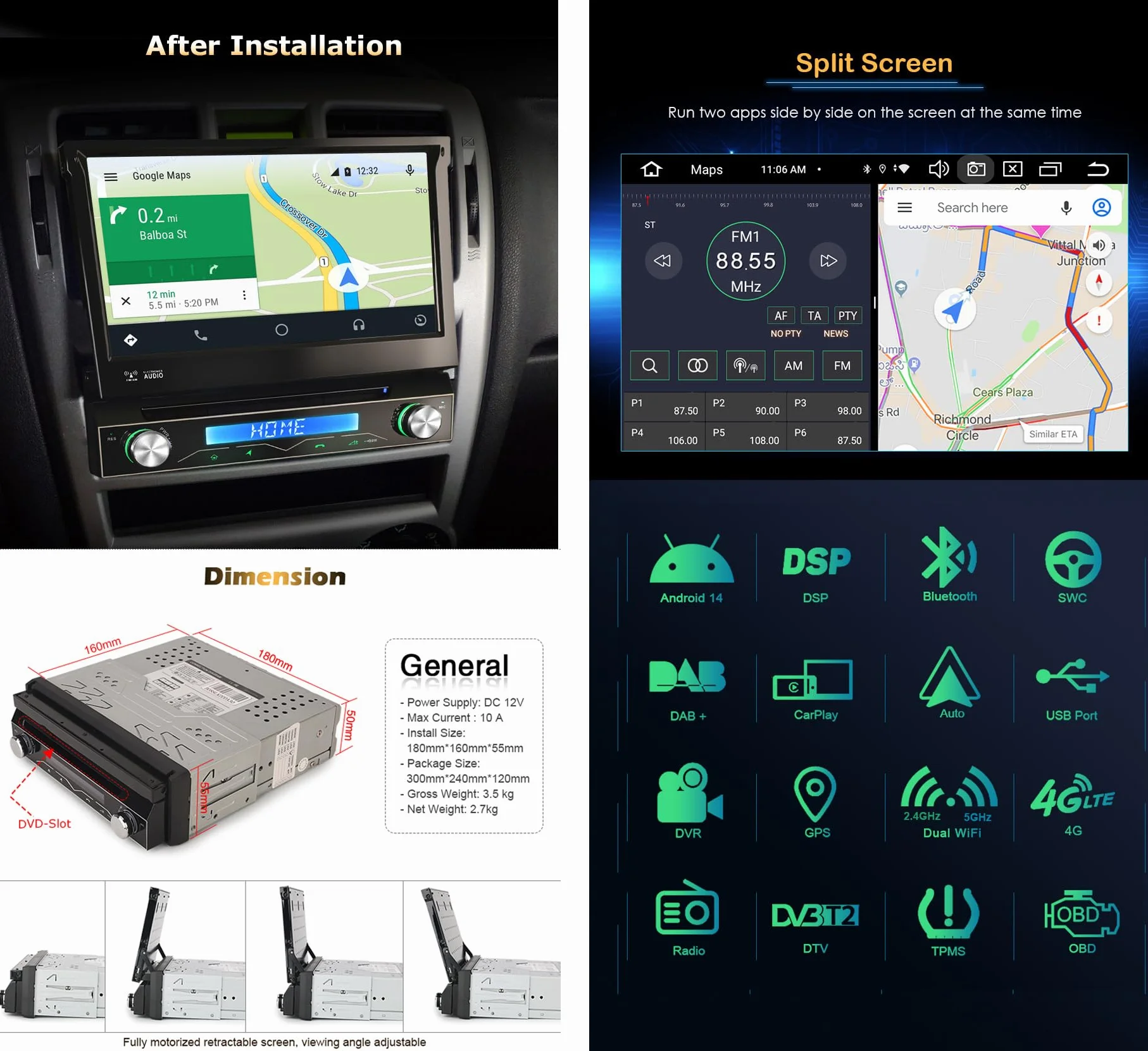 Android 14 Radio samochodowe GPS 1 Din DVR Bezprzewodowy CarPlay Android Auto WiFi DSP RDS 4G Bluetooth 5.0 ekran dotykowy 8 rdzeni 4GB+64GB