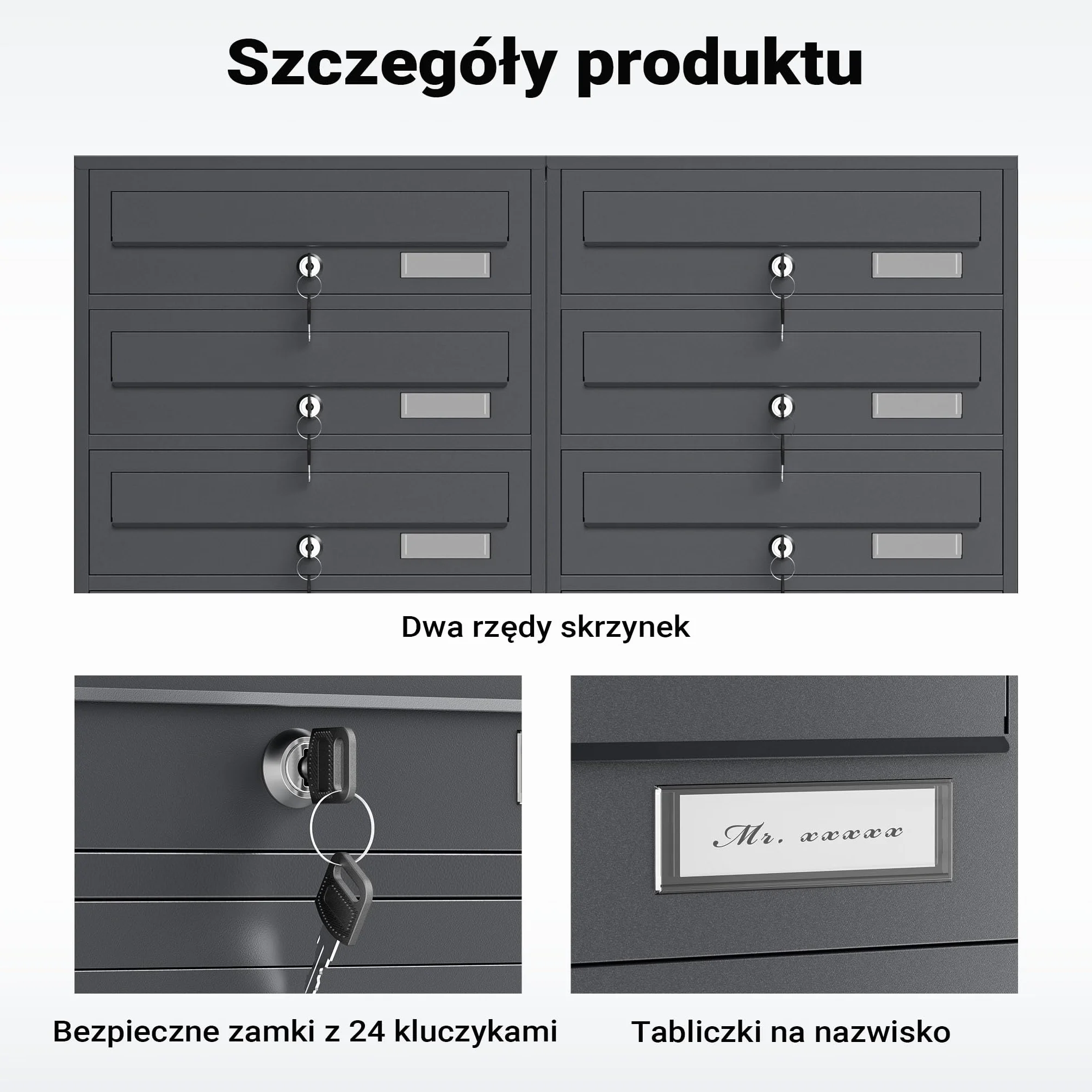 Wiltec Wolnostojąca skrzynka na listy antracytowa z 2 x 6 skrzynkami pocztowymi z zamkiem, do montażu podłogowego, idealna do budynków wielorodzinnych