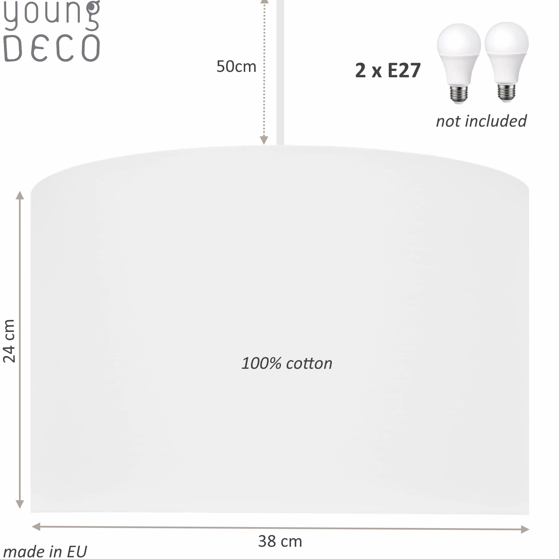 Lampa sufitowa 2xE27, extra dyfuzor światła, duży abażur Ø38cm wykonany z bawełny, lampa wisząca do pokoju dziecięcego, sypialni, salonu, kuchni, biura, wyprodukowano w Polsce