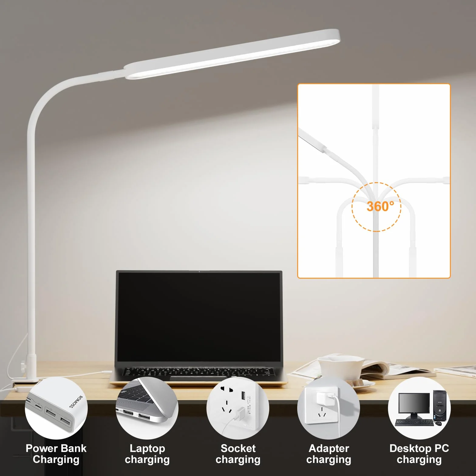 SKYLEO Lampa Biurkowa LED - Lampka Biurkowa 85cm - Sterowanie Dotykowe - 5 Trybów Kolorów X 11 Poziomów Jasności - 1300 lm (112 szt. koralików) - Wyłącznik Czasowy i Funkcja Pamięci - 12W - Biały