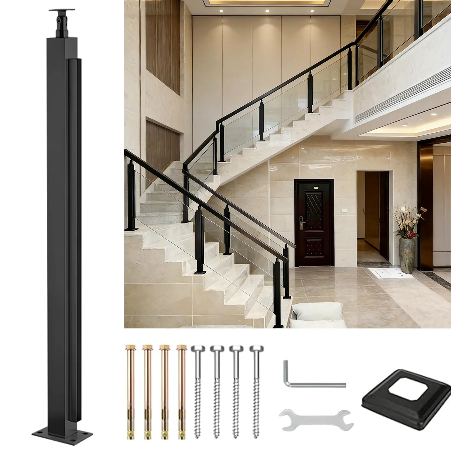 Szklany słupek schodowy, wytrzymały kwadratowy słupek balustrady z zewnętrznym szczeliną na poddaszu przy basenie pasuje do szklanych paneli kolumna ze stali nierdzewnej(Corner Post,85cm(33.5in))