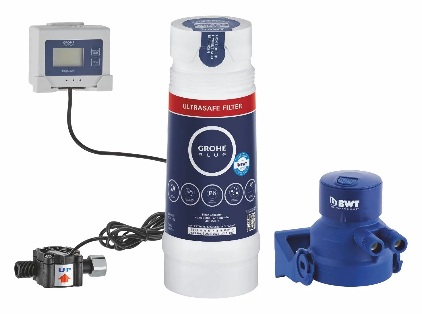 GROHE Niebieski filtr do wody pod zlewem, zestaw startowy filtra ultradźwiękowego (głowica filtra, przepływomierz do pomiaru żywotności filtra, pojemność do 3000 l), do użytku Blue Pure Kitchen Taps,