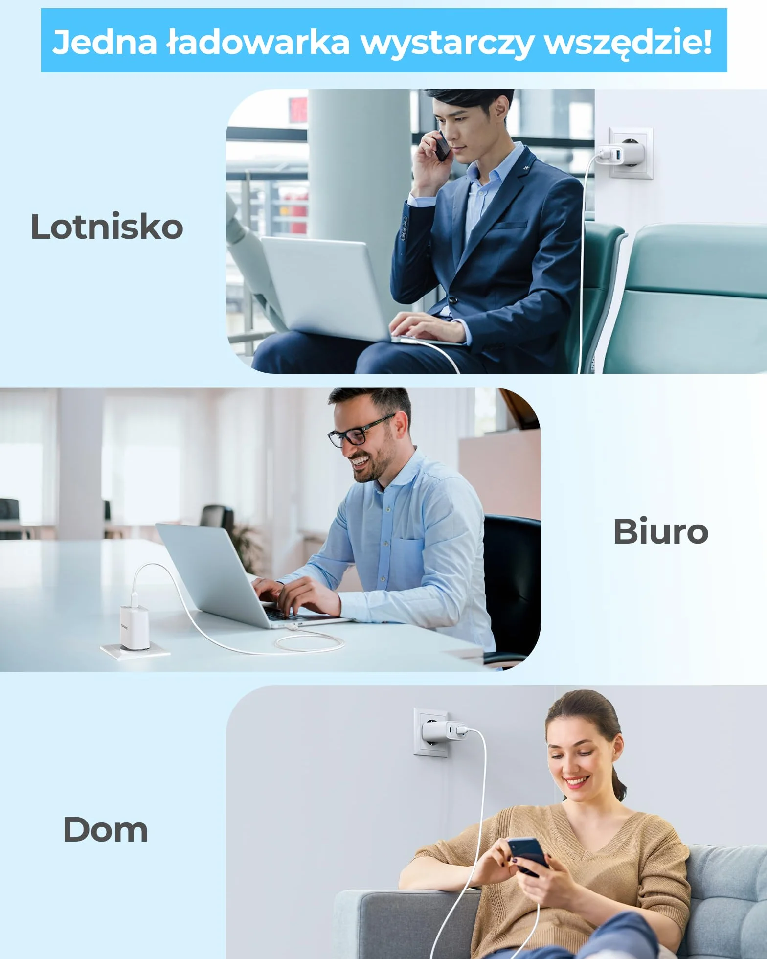 Ładowarka USB C 65W, 3-portowy zasilacz USB C z kablem 60W 1 m, szybka ładowarka PPS i PD do MacBook Pro/Air, do iPad Pro/Air, do iPhone 17/16/15 Pro Max, do Galaxy S25+/S24 Ultra, biały