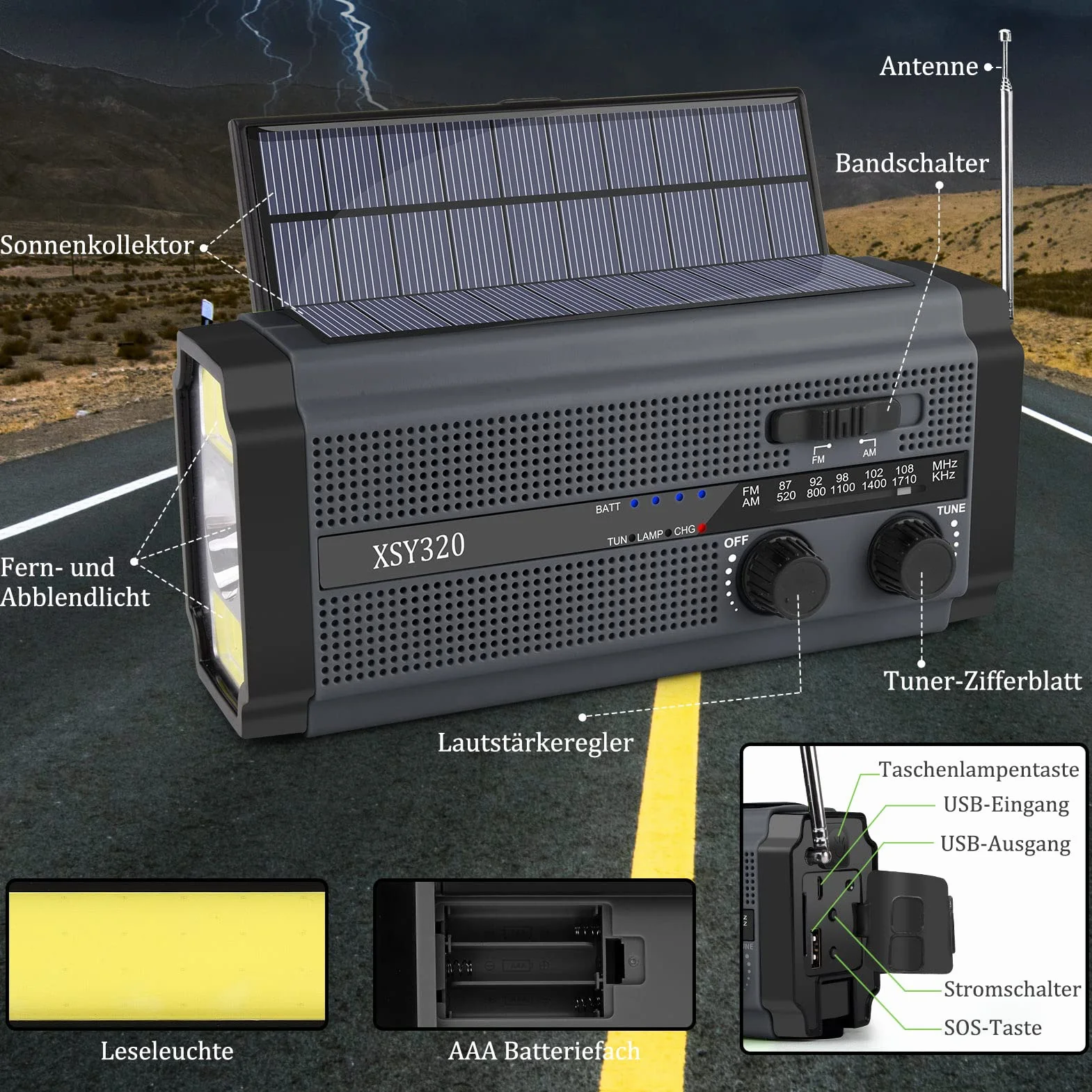 Przenośne radio korbowe AM/FM 5000 mAh latarka LED alarm SOS czarny