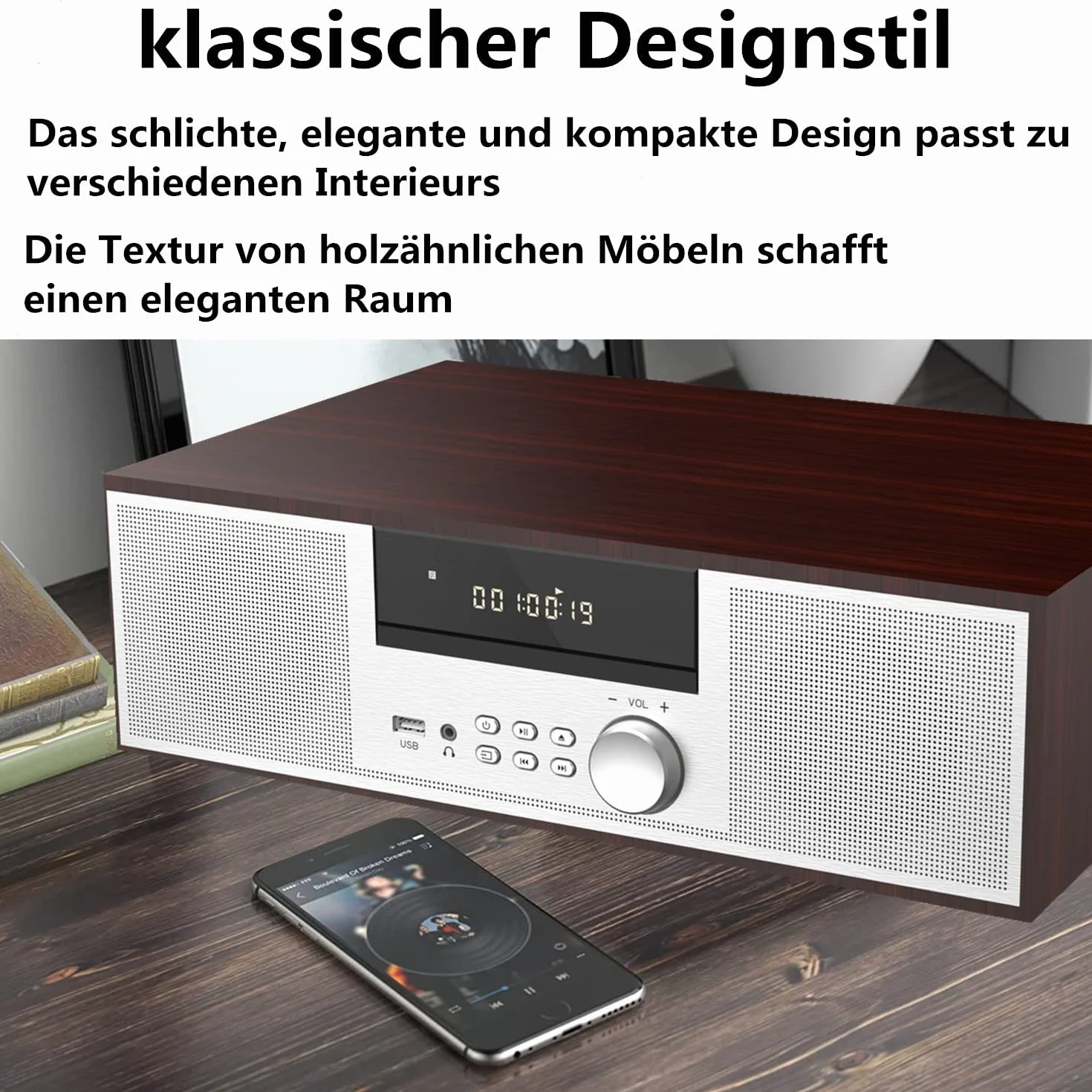 Rocznik mini zestaw stereo CD, 40 W, RMS, odtwarzacz CD, kompatybilny z UKW/Bluetooth, USB/AUX, pilot zdalnego sterowania, gniazdo słuchawkowe, kompatybilne ze źródłem dźwięku o wysokiej