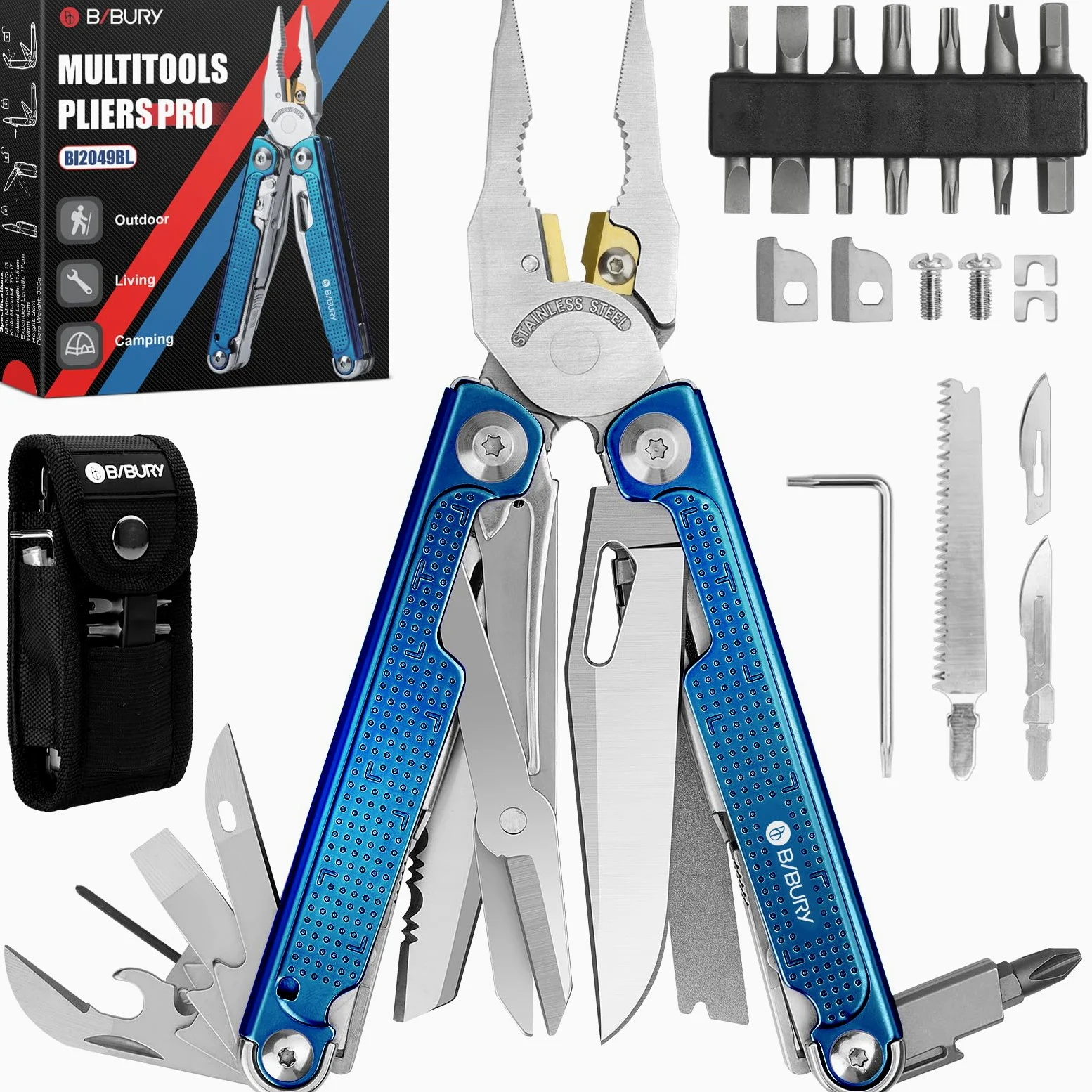 BIBURY Multitool Tang BI2049BL z niebieskim tytanowym uchwytem, wielofunkcyjne narzędzie EDC z wymiennym narzędziem do cięcia drutu, nożycami pełnowymiarowymi i zestawem wkrętaków, trwałe narzędzie
