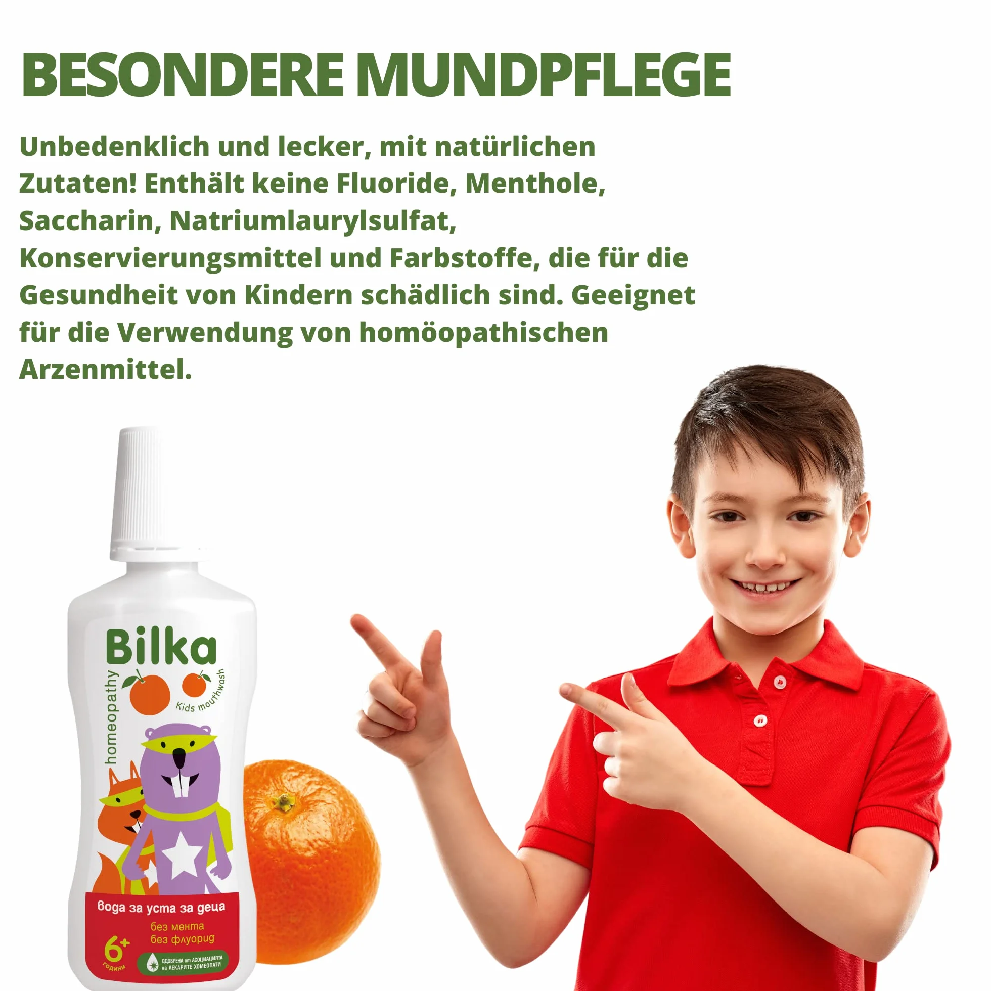Bilka Homeopathy Płyn do płukania jamy ustnej dla dzieci od 6 lat – płukanka o smaku mandarynki, bez alkoholu i cukru, remineralizuje zęby i odświeża oddech, bez fluorków, bez mentolu, 250 ml
