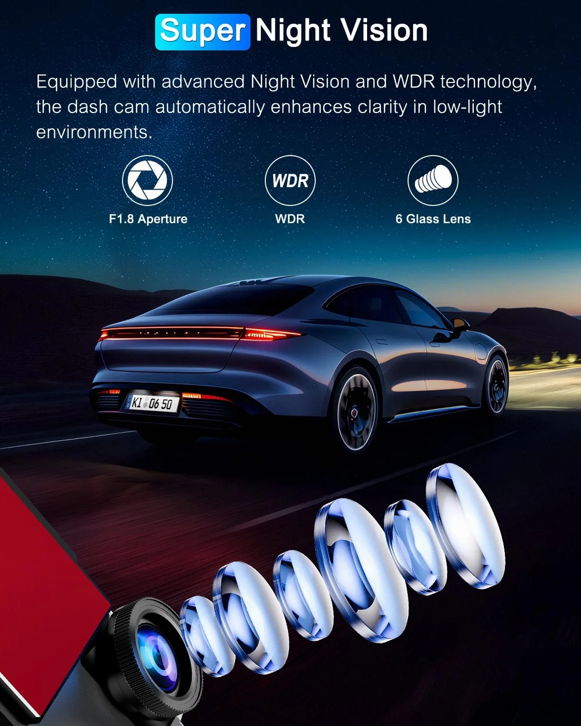 kamera samochodowa przód tył 4K+1080P z filtrem CPL,Kamera samochodowa obracana o 360°,karta SD 64 G,5GHz WiFi Dash Cam, ekran 3,69",170°+140°,czujnik G,nagrywanie w pętli,monitorowanie parkowania