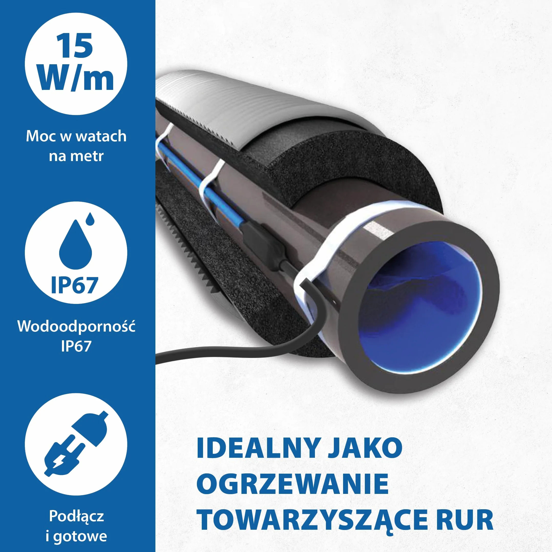 Kabel grzejny przeciwzamrożeniowy 15 W/m 12 m z termostatem +5°C/+15°C