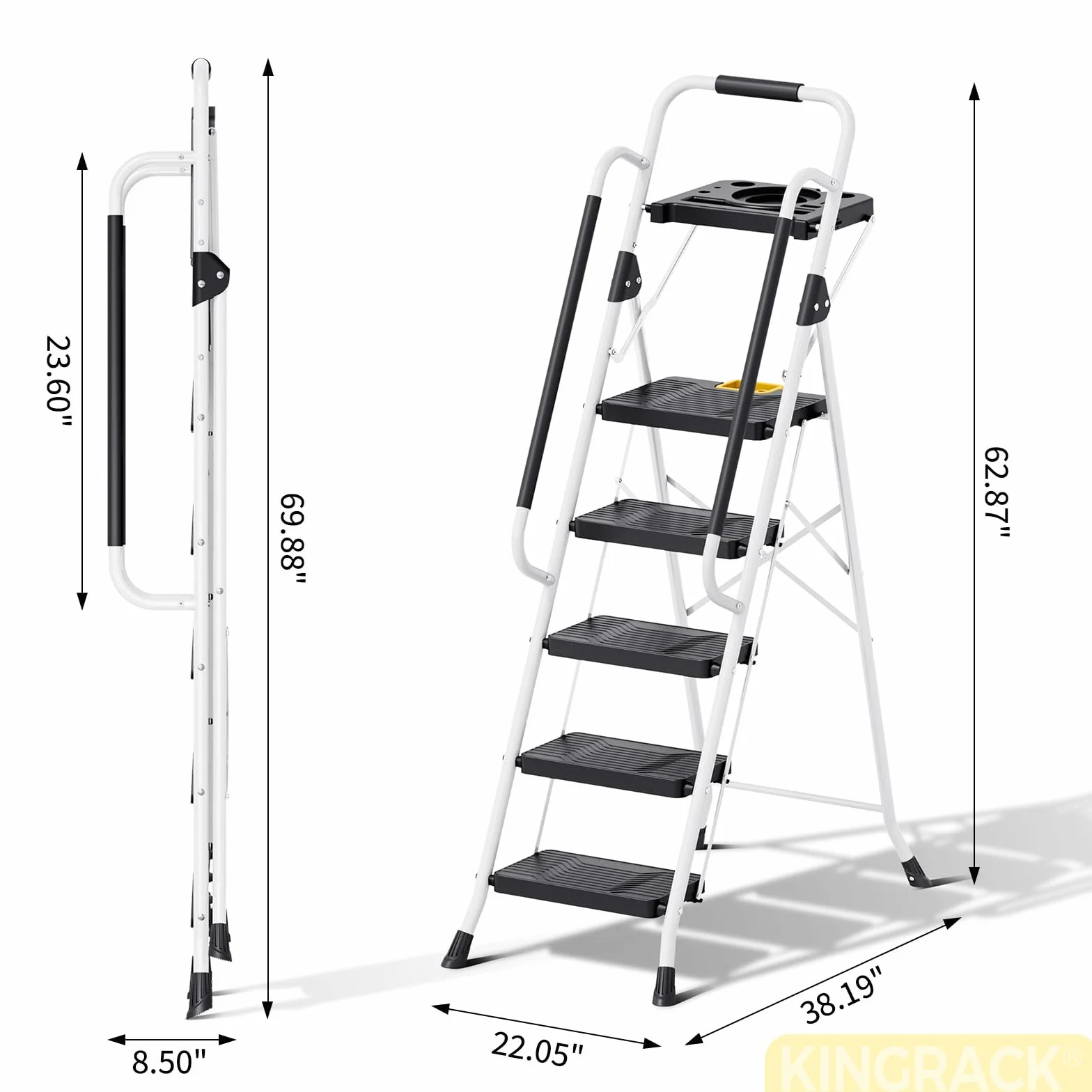 KINGRACK Drabina 5-stopniowa Składana, Nośności 150 kg, z Tacem na Narzędzia, Poręczą, Nadająca się do Użytku Domowego, w Ogrodzie, do Malowania, na Zewnątrz i w Garazu, Składana Drabina, Biała