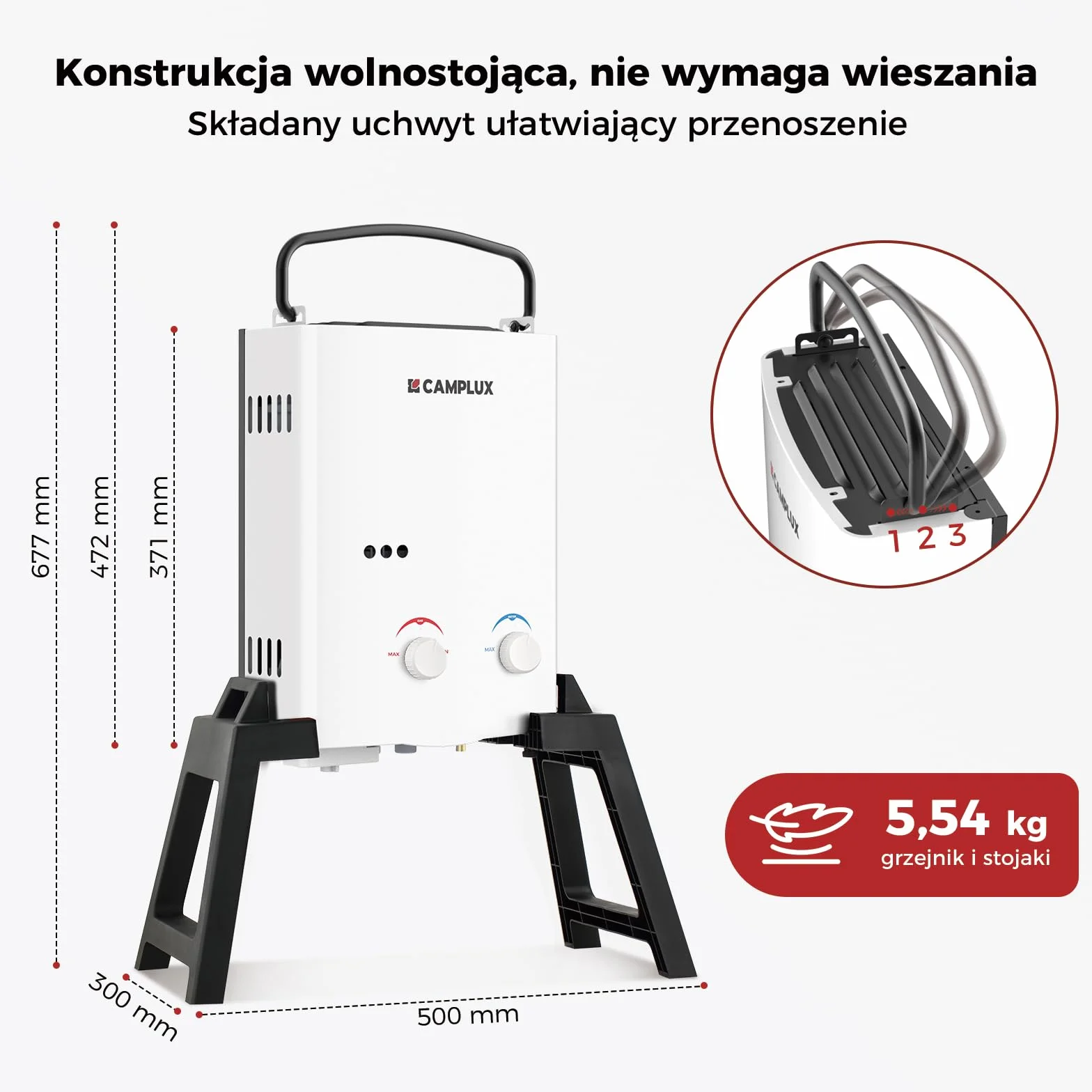 Camplux AY132Max Gazowy Przepływowy Podgrzewacz Wody z Pompą Wody i Stojakiem, 5-litrowy, 30/ 37mbar, LPG