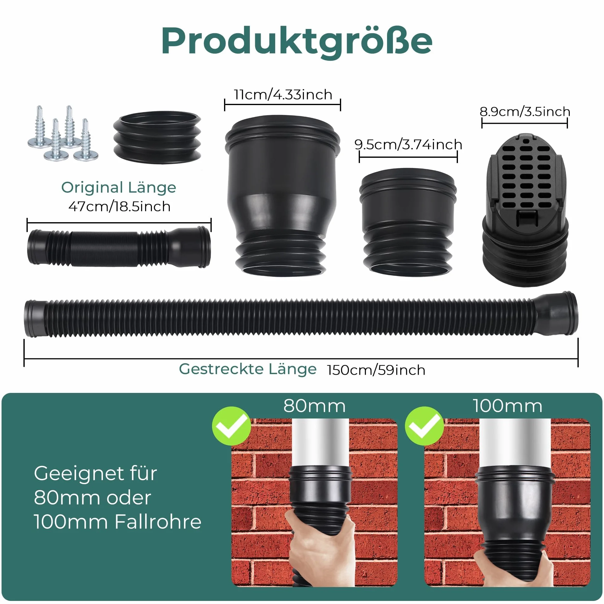 Elastyczne Przedłużenie Rynny, Okrągłe Przedłużenie Rury Spustowej 80/100 mm z Kratką Odpływową, Deszczowa Rura Rynny, 47–150 cm, Akcesoria do Rynien (Czarny, 2 szt.)
