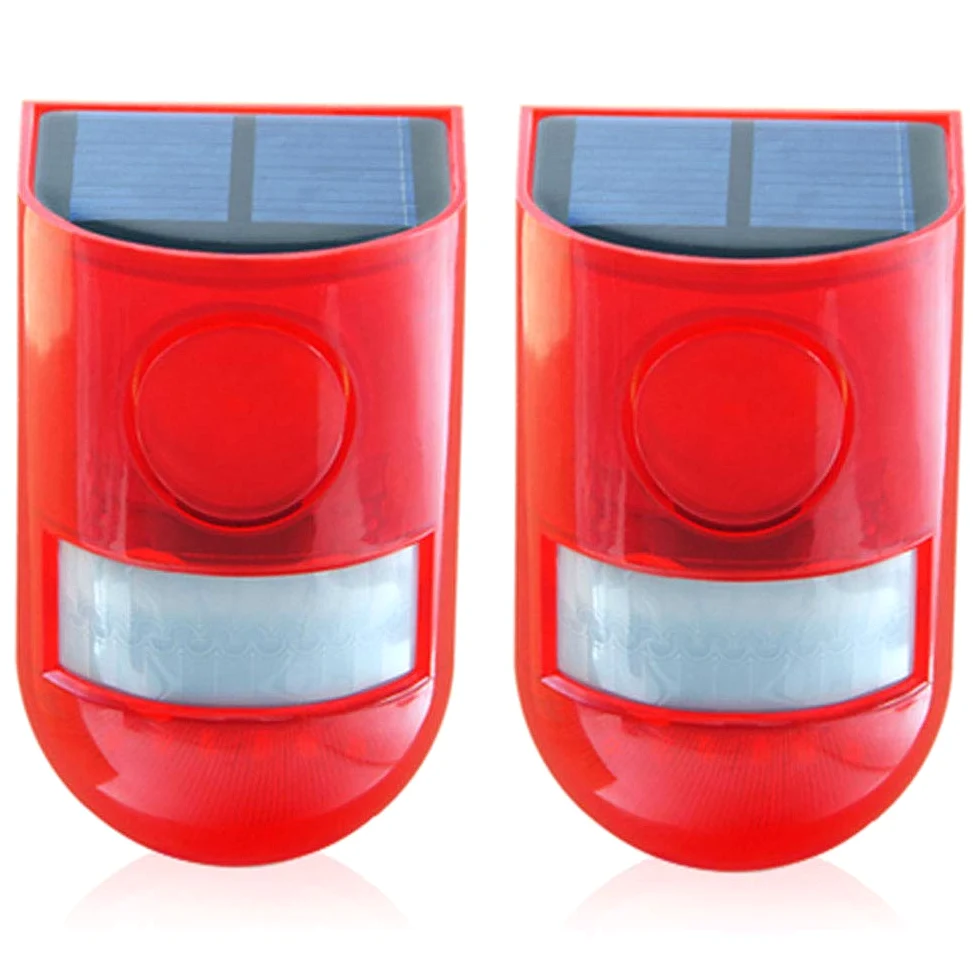 Solarny alarm bezpieczeństwa IP65, wodoodporny czujnik ruchu LED, migająca lampa, 110 dB, głośna syrena, system alarmowy do domu, gospodarstwa, sklepu, ogrodu, willi (2 szt.)