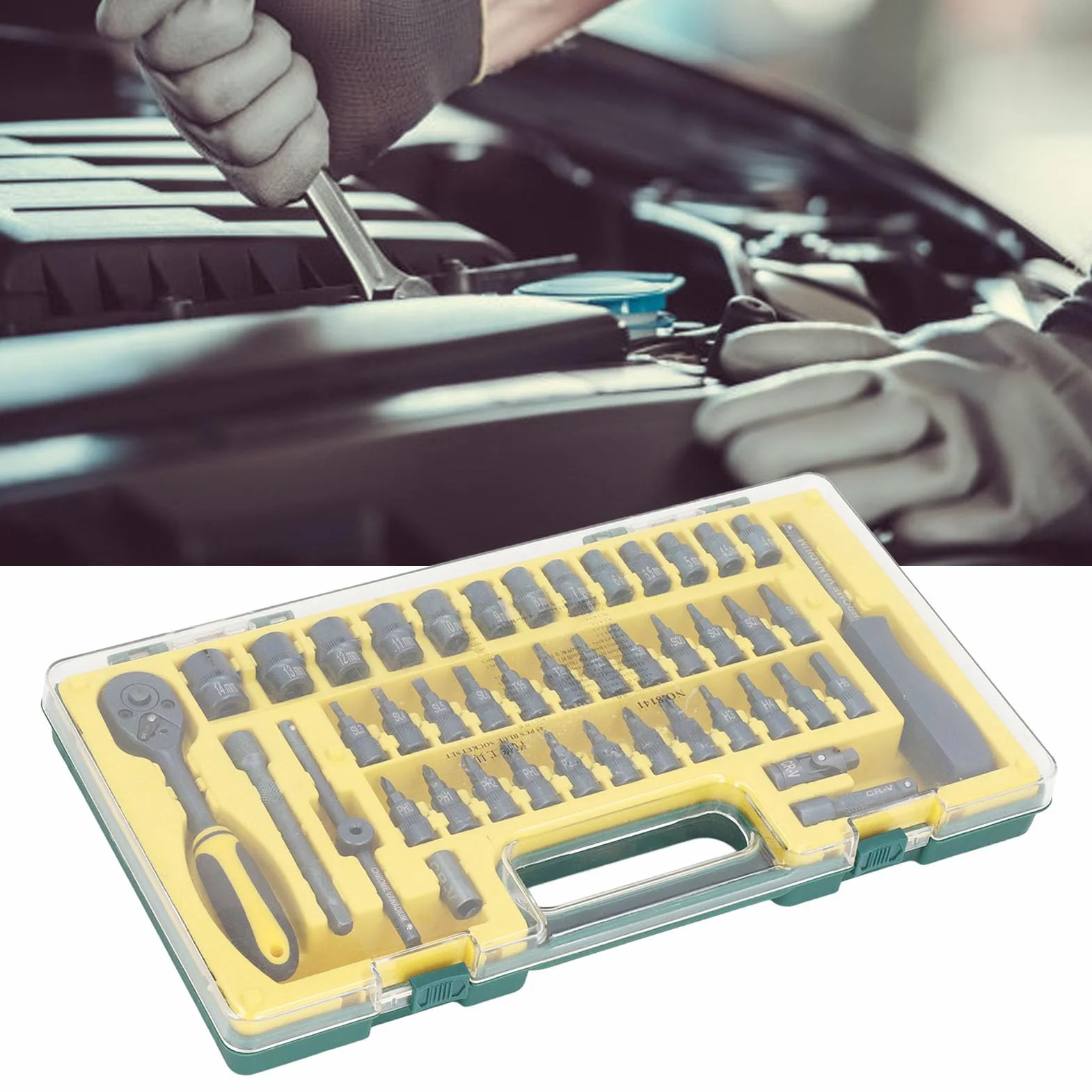 Yosoo Health Gear 45-częściowy Zestaw Kluczy Nasadowych z grzechotką, Zestaw Kluczy Nasadowych ze Stali Chromowo-wanadowej z dwustronną grzechotką z Mechanizmem Szybkiego Zwalniania, Przedłużacze i