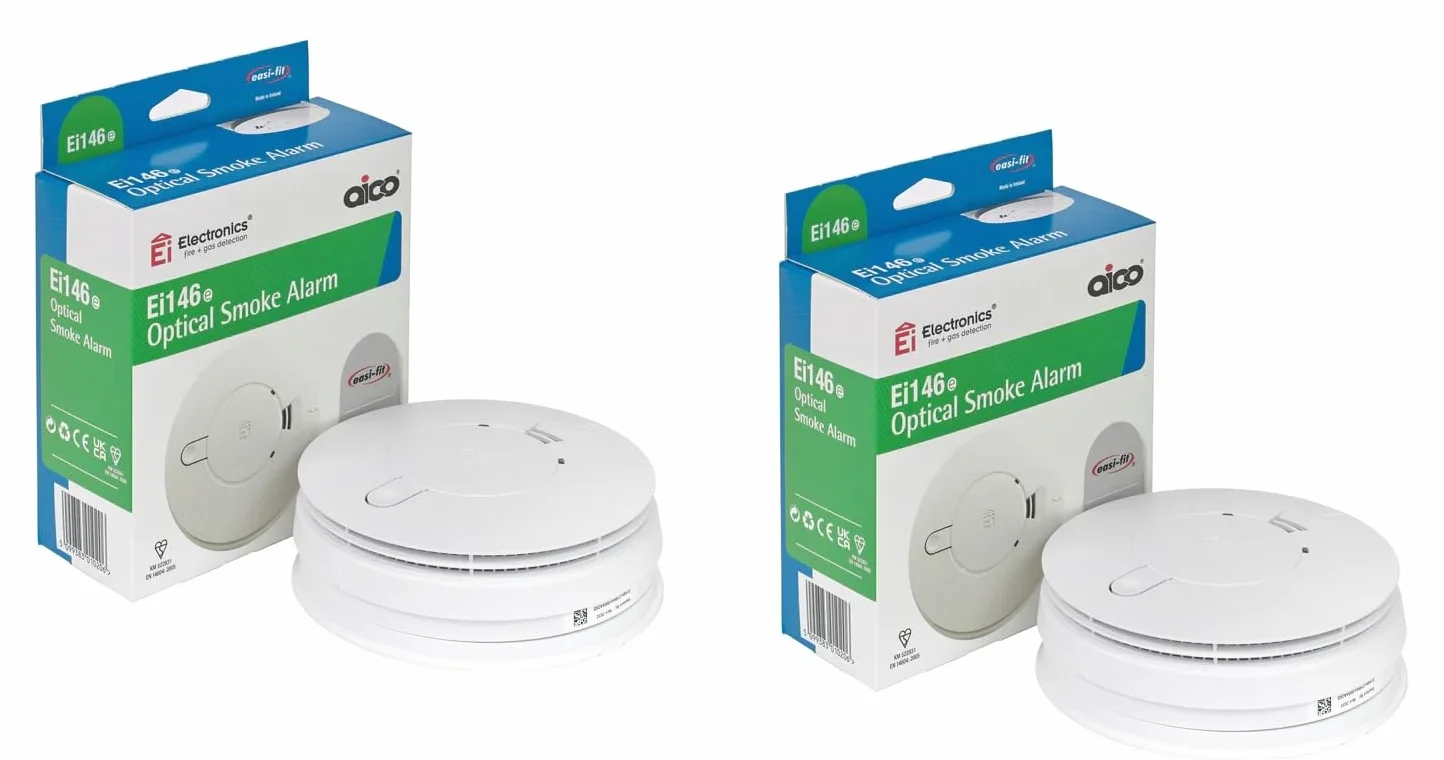 Aico EI146RC/2 zestaw 2 x EI146 RC przewodowe czujniki dymu z baterią 9 V z zapasową