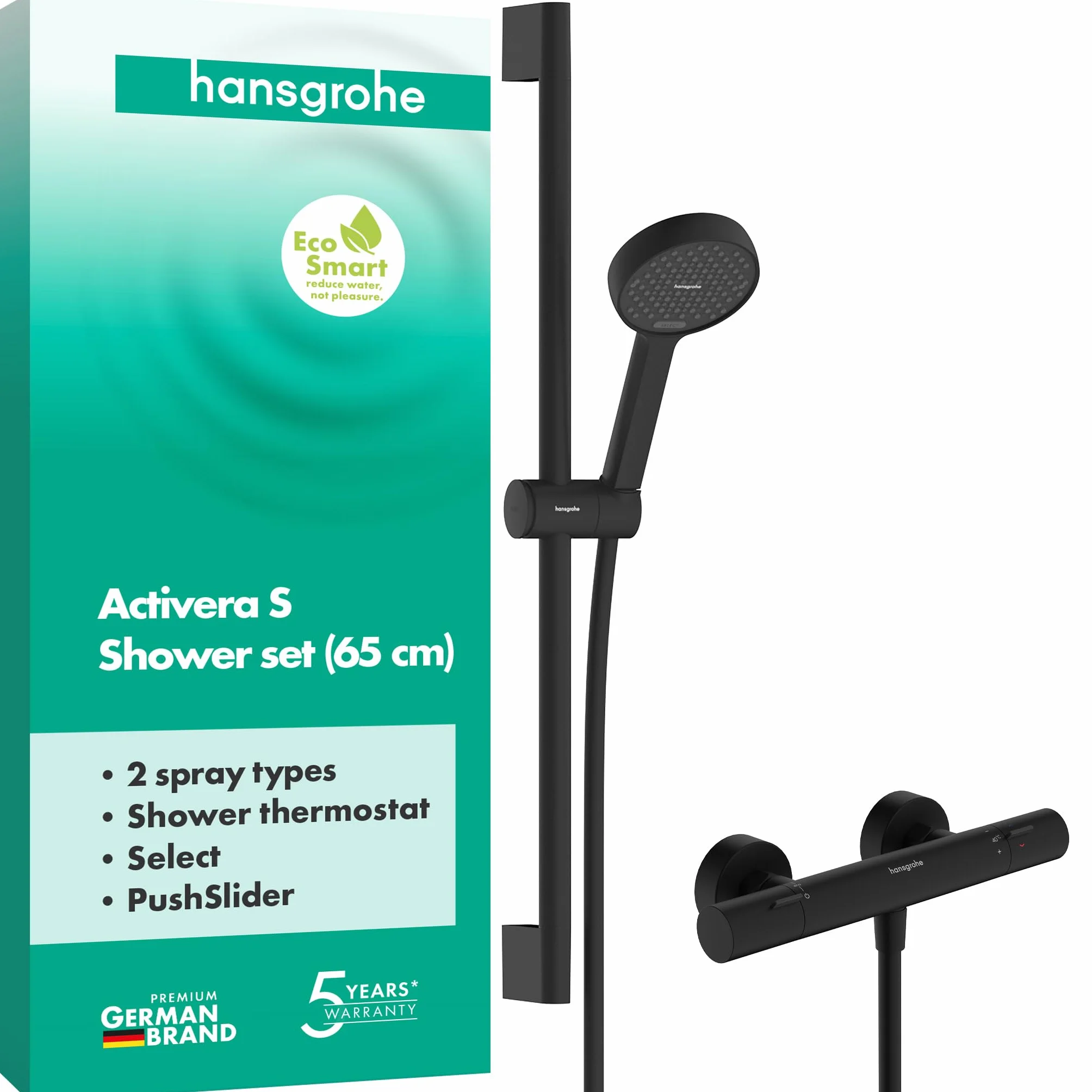 hansgrohe Activera Select S - zestaw prysznicowy z bateria termostatyczna Ecostat Fine, oszczędzająca wodę główka (EcoSmart), wąż prysznicowy, drążek prysznicowy z suwak, czarny matowy, 28876670