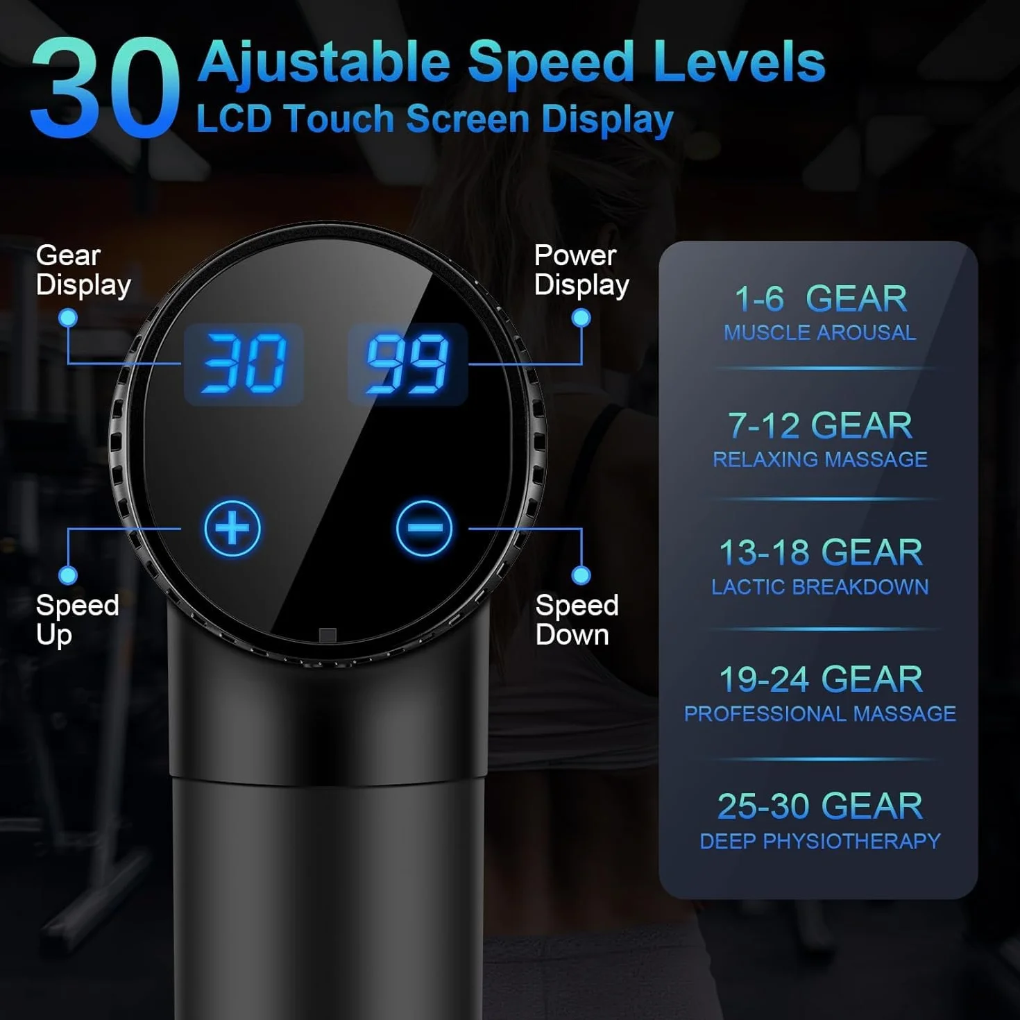 Massage Gun Deep Tissue, Percussion Muscle Massager Gun, 30 Speeds Quiet Handheld Massager for Muscle Neck Back Shoulder, LCD Touch Screen with 10 Heads