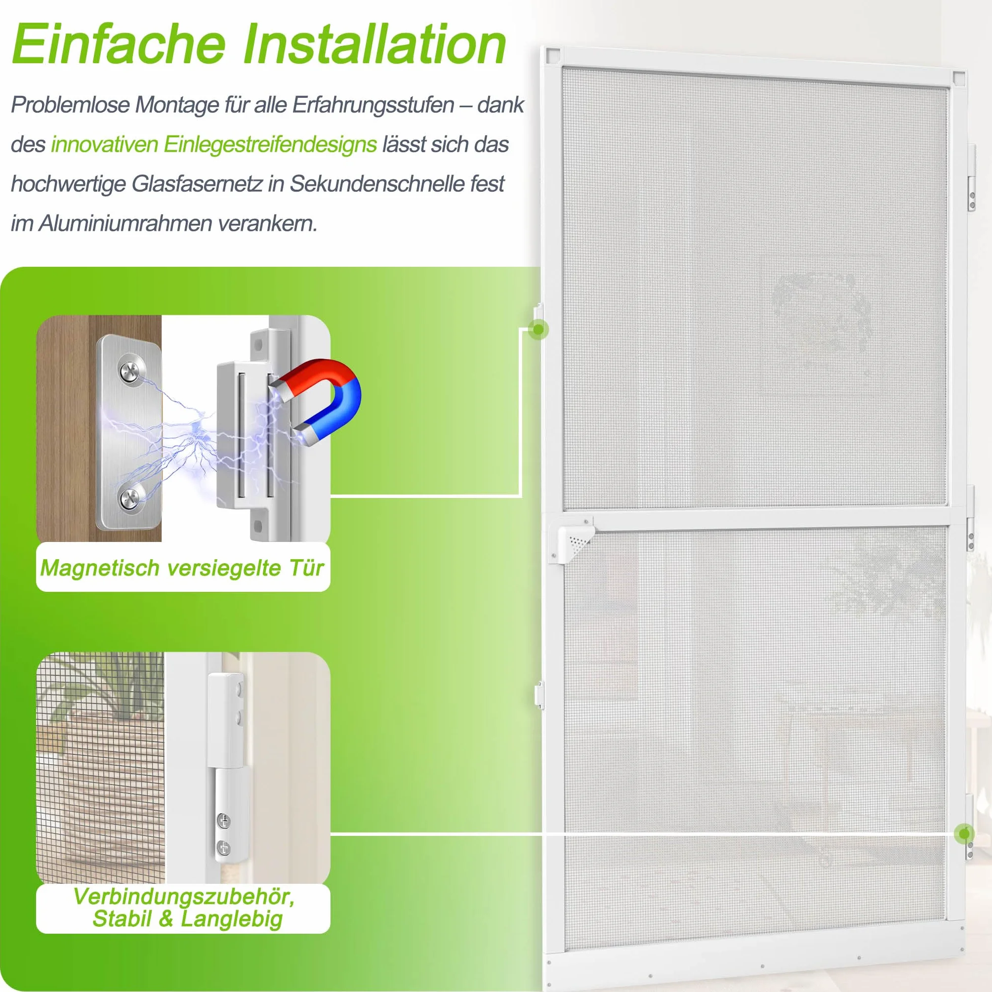 Aufun 120 x 240 cm Moskitiera do drzwi aluminiowych Flyscreen, ochrona przed owadami, z ramą aluminiową w kolorze białym