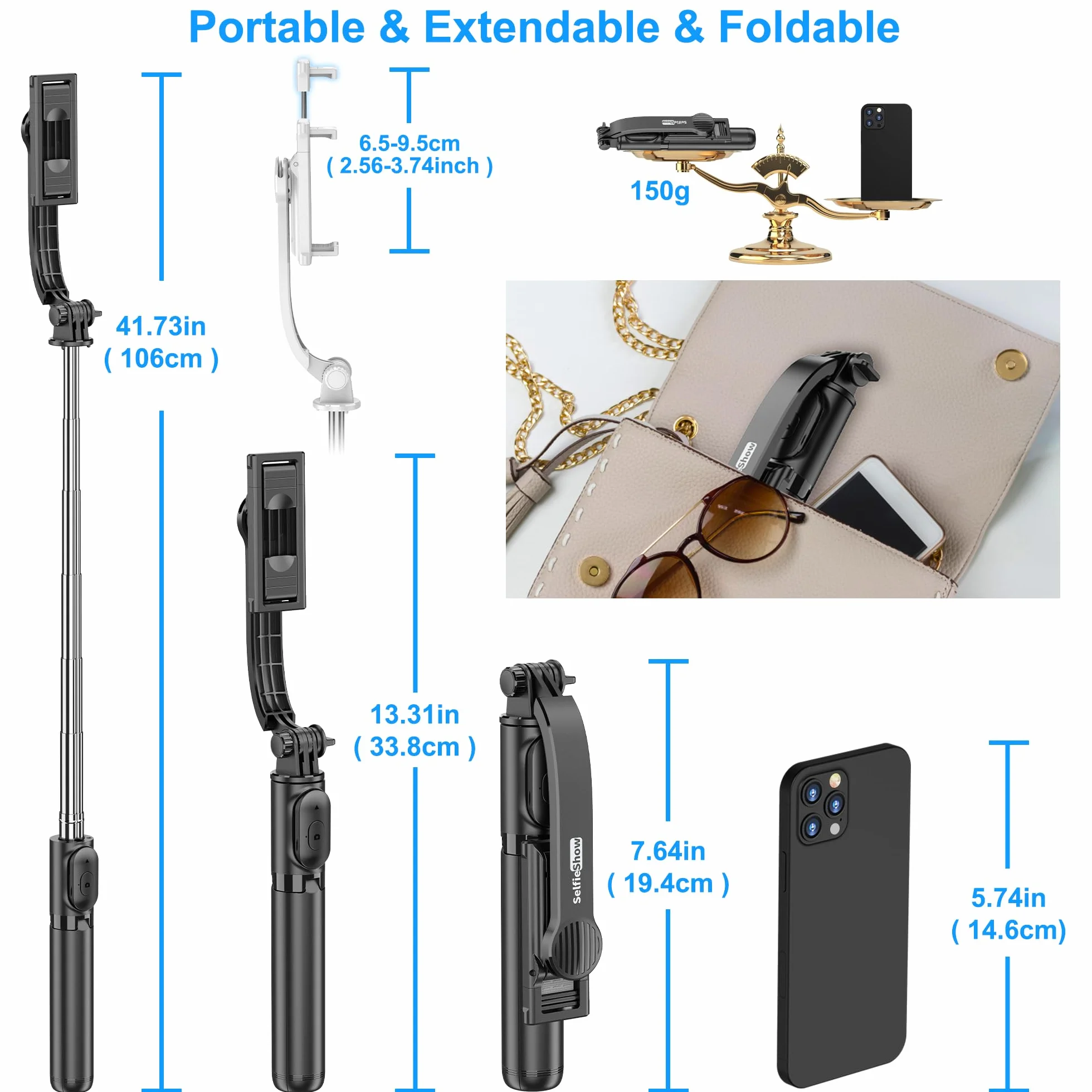 Statyw Selfie Stick rozszerzalny 101cm z bezprzewodowym pilotem do iPhone 17/16/15 Samsung Huawei