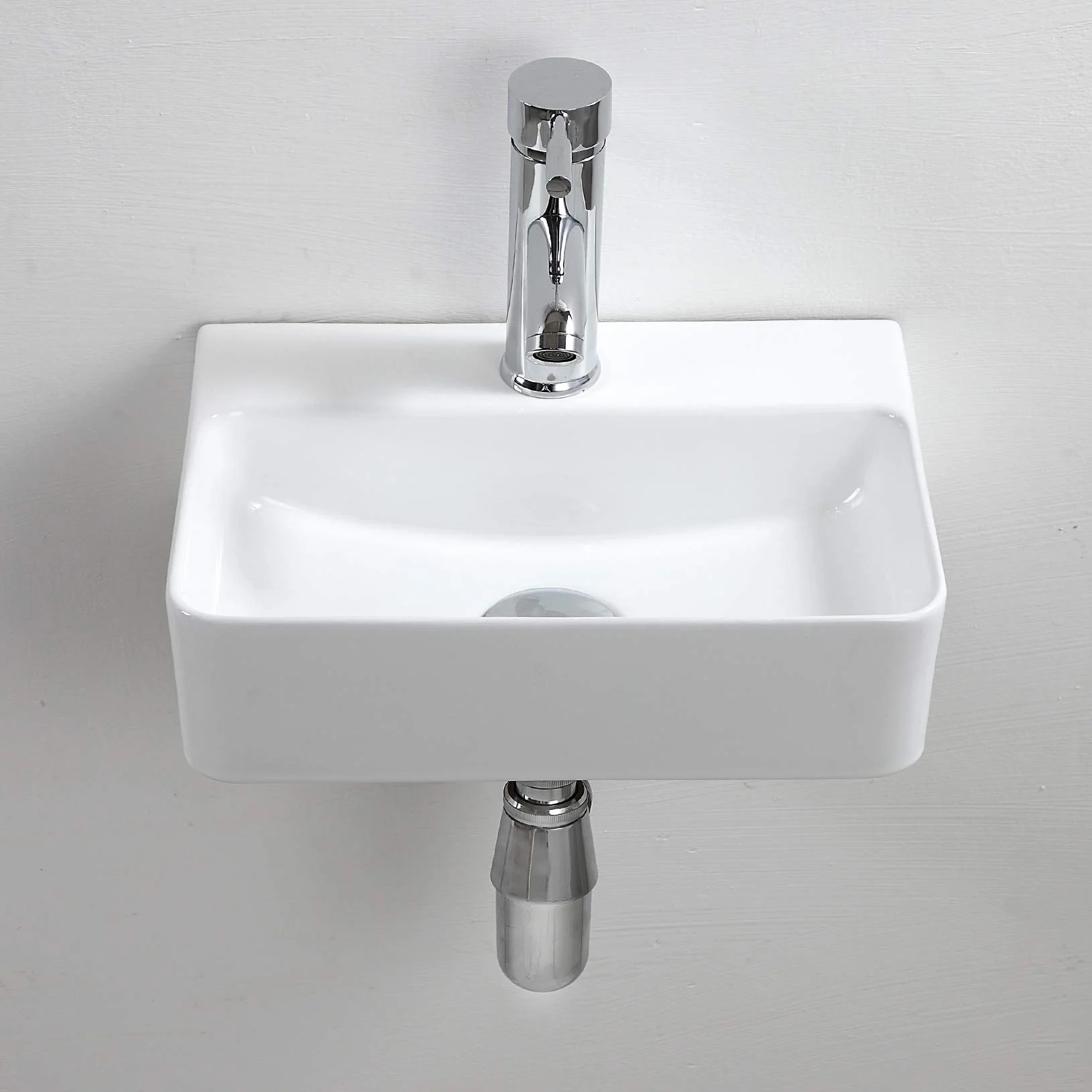 Biała ceramiczna, prostokątna, kompaktowa umywalka łazienkowa montowany na ścianie, do małej szatni, łazienki, 365 x 250 x 105 mm (styl 1)