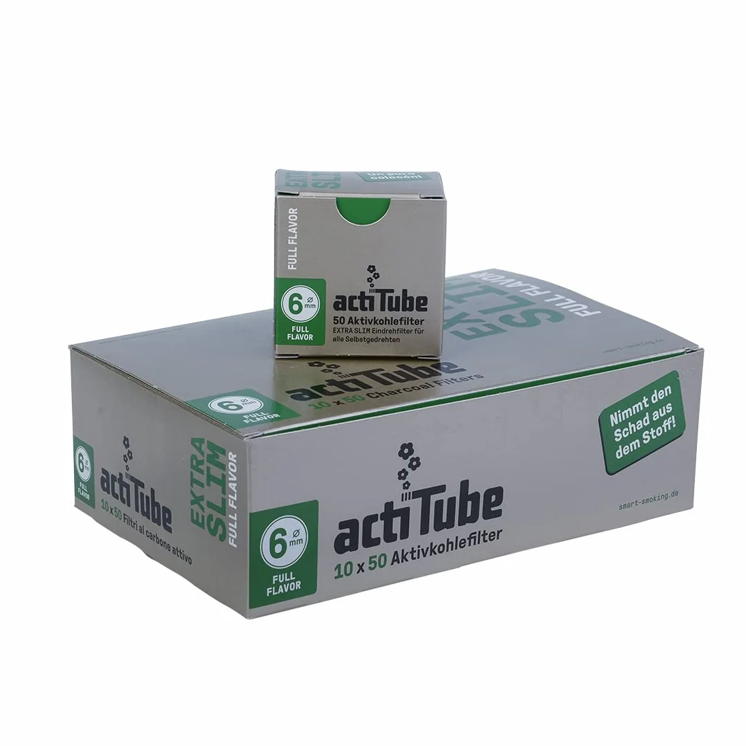 actiTube Filtr z węglem aktywnym, ekstra cienki, średnica 6 mm, 50 filtrów w opakowaniu, 1 wyświetlacz (500 filtrów)